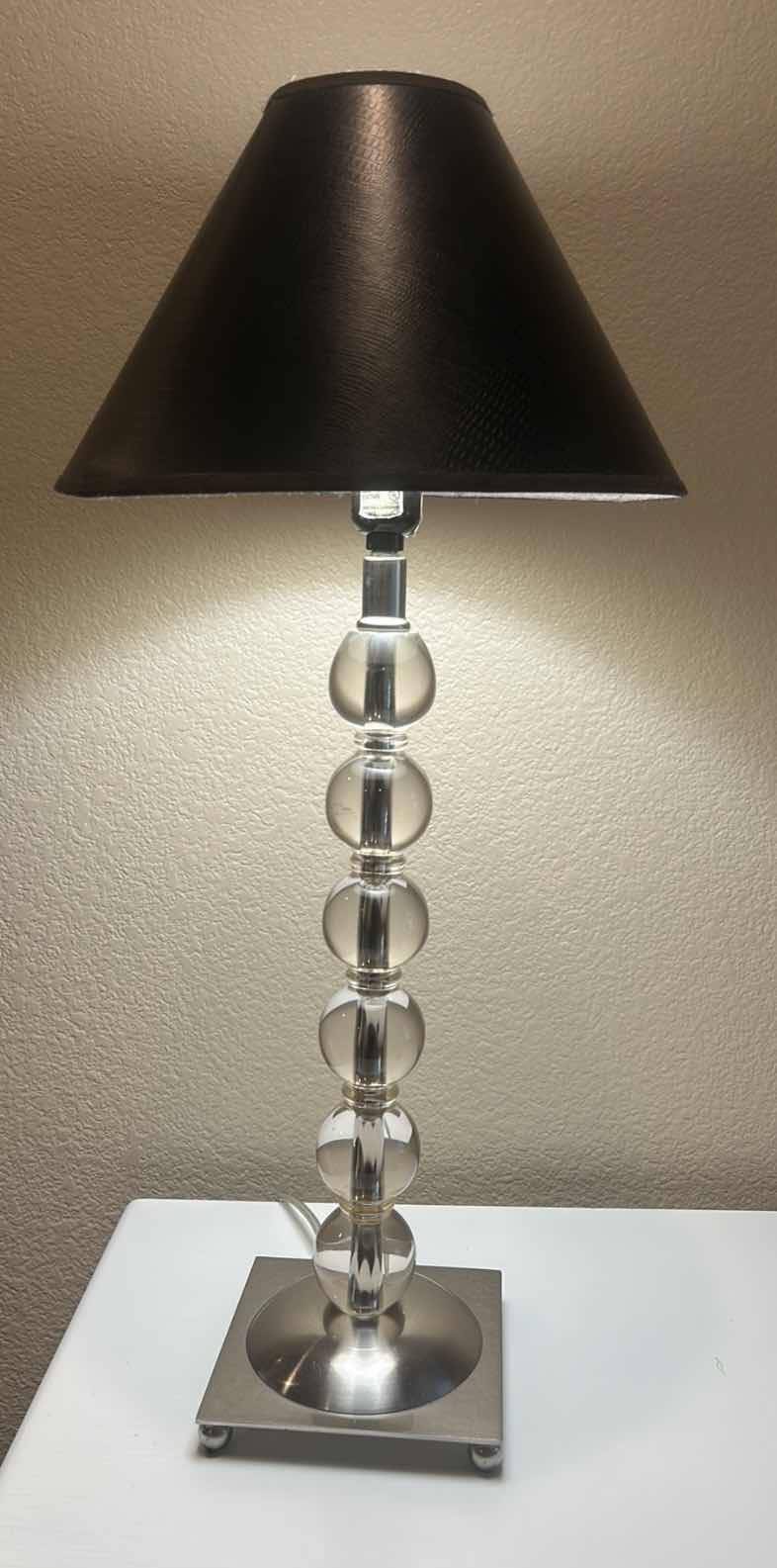 Photo 1 of MODERN TABLE LAMP W STACKED CRYSTAL BALL BASE& BLACK CONICAL SHADE. H26”