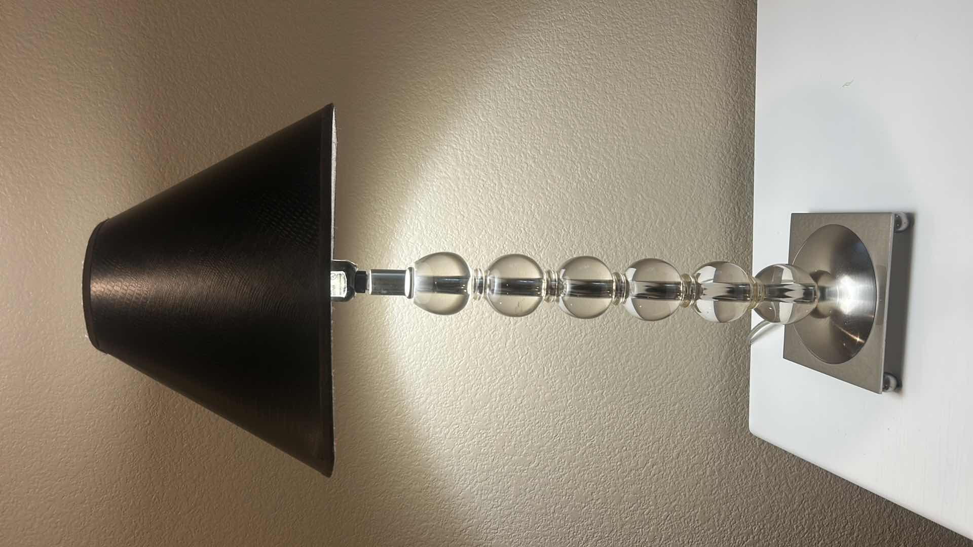 Photo 1 of MODERN TABLE LAMP W STACKED CRYSTAL BALL BASE& BLACK CONICAL SHADE. H26”