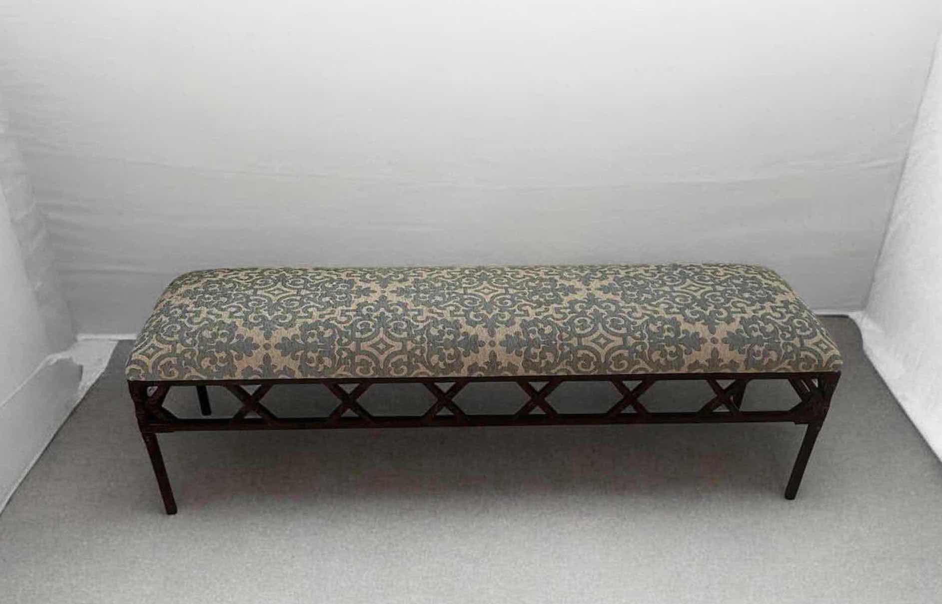 Photo 1 of LONG CUSTOM UPHOLSTERED BENCH W DAMASK PATTERN FABRIC & OPEN INTERLOCKING GEOMETRIC FRAME BASE. 57" C 17" H19" $100