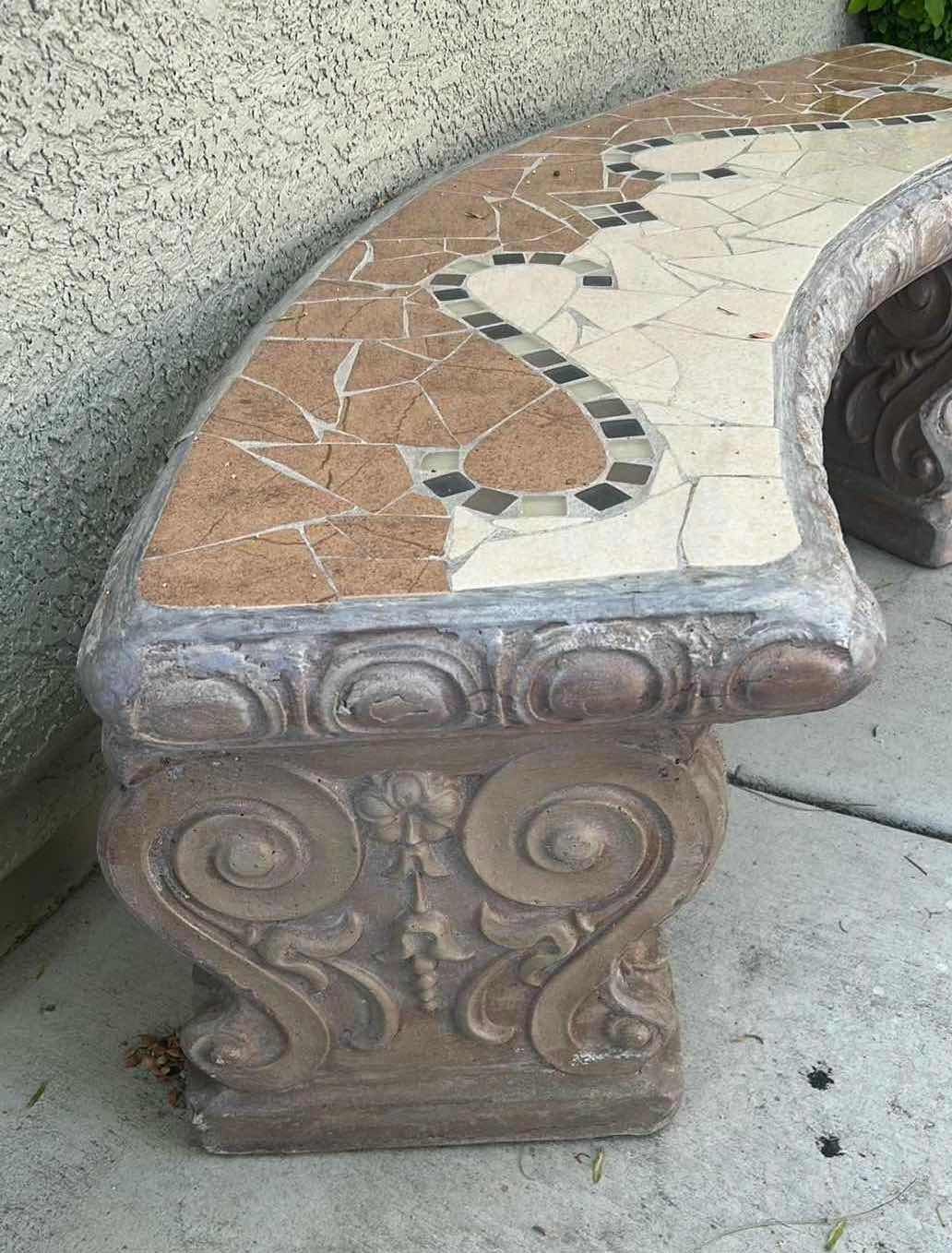 Photo 1 of CONCRETE GARDEN BENCH W DISTINCTIVE TALAVERA STYLE MOSAIC TILE INLAY CURVED DESIGN 48" X 16 H 18" $125