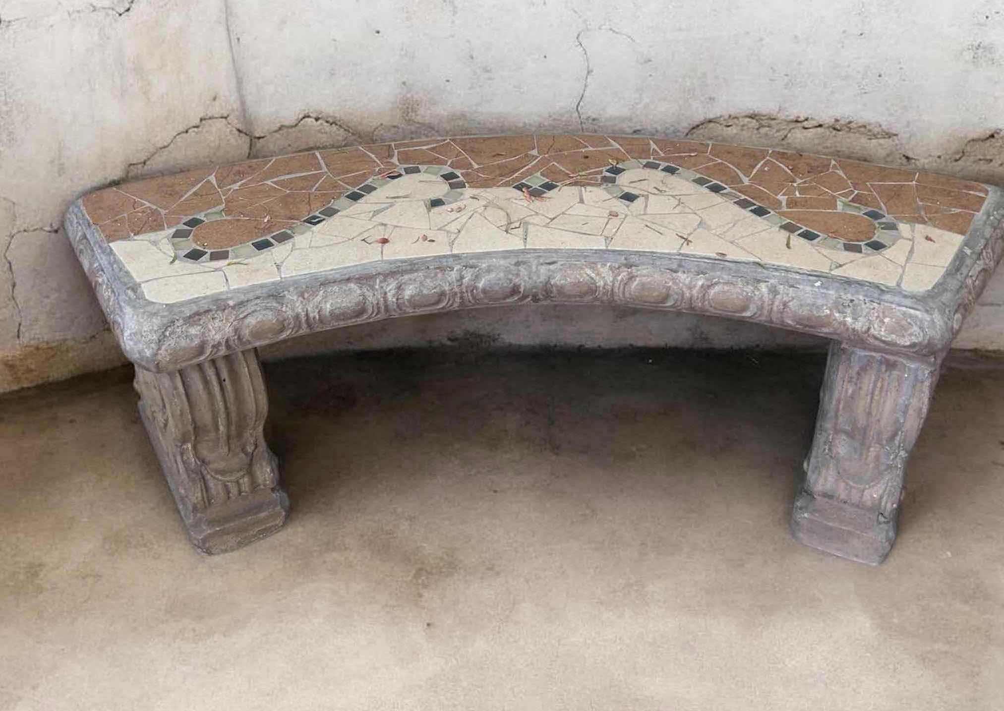 Photo 1 of CONCRETE GARDEN BENCH W DISTINCTIVE TALAVERA STYLE MOSAIC TILE INLAY CURVED DESIGN 48" X 16 H 18" $125