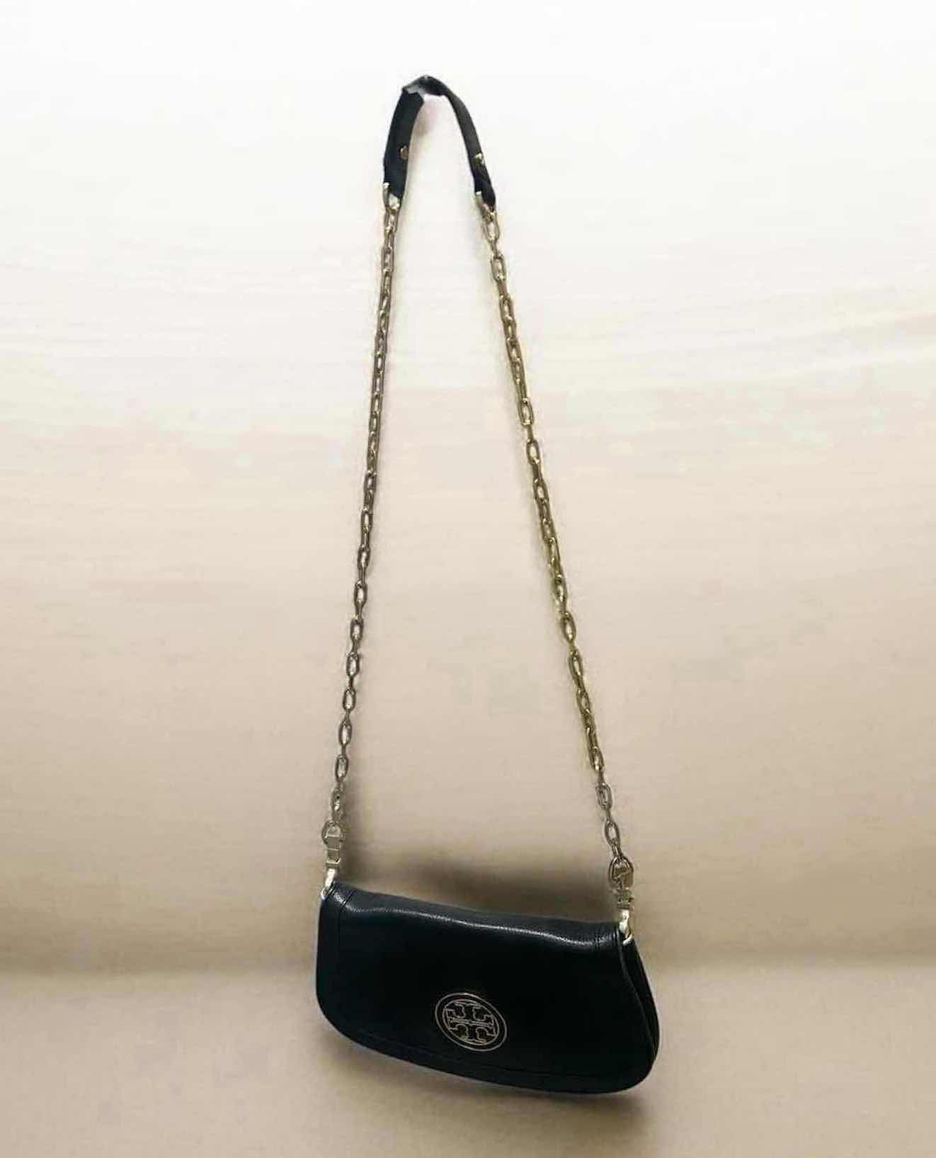 Photo 1 of TORY BURCH KIRA BLACK LEATHER CLUTCH W SIGNATURE GOLD LOGO EMBLEM 11"