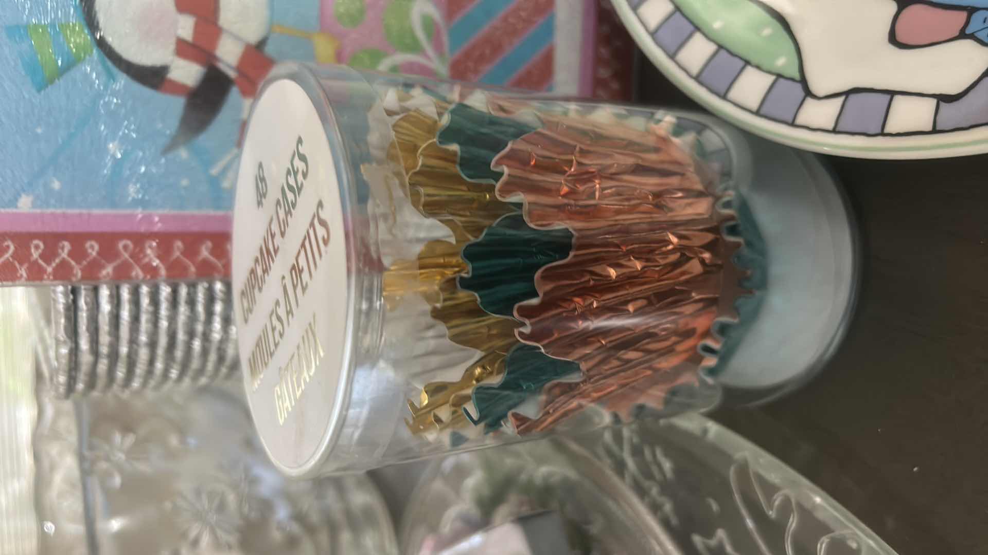 Photo 1 of ASSORTED GLASS SERVING PIECES, HOLIDAY PAPER GOODS, CUPS, NAPKINS, STRAWS, AND DECORATIVE PLATES.