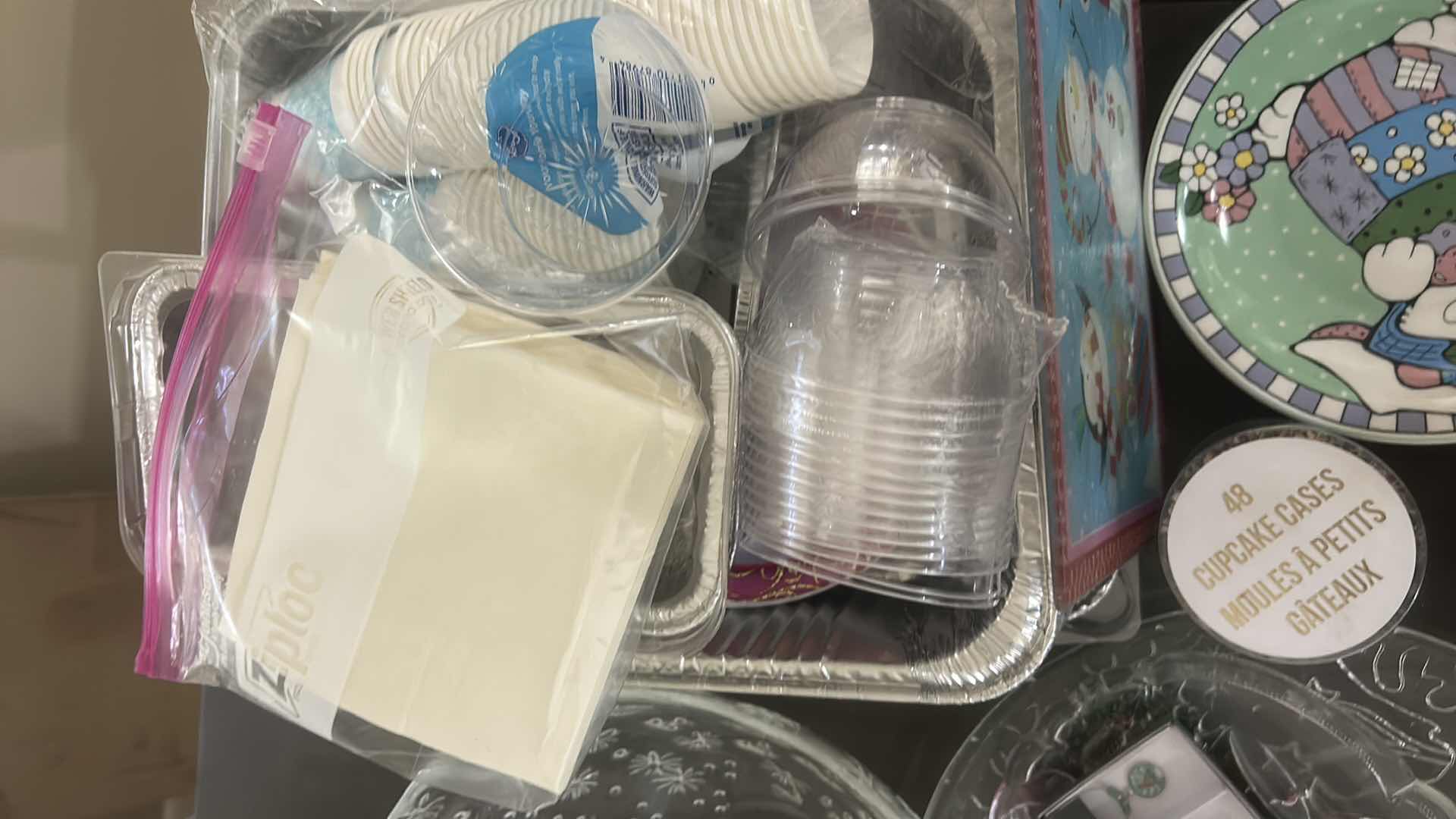 Photo 1 of ASSORTED GLASS SERVING PIECES, HOLIDAY PAPER GOODS, CUPS, NAPKINS, STRAWS, AND DECORATIVE PLATES.