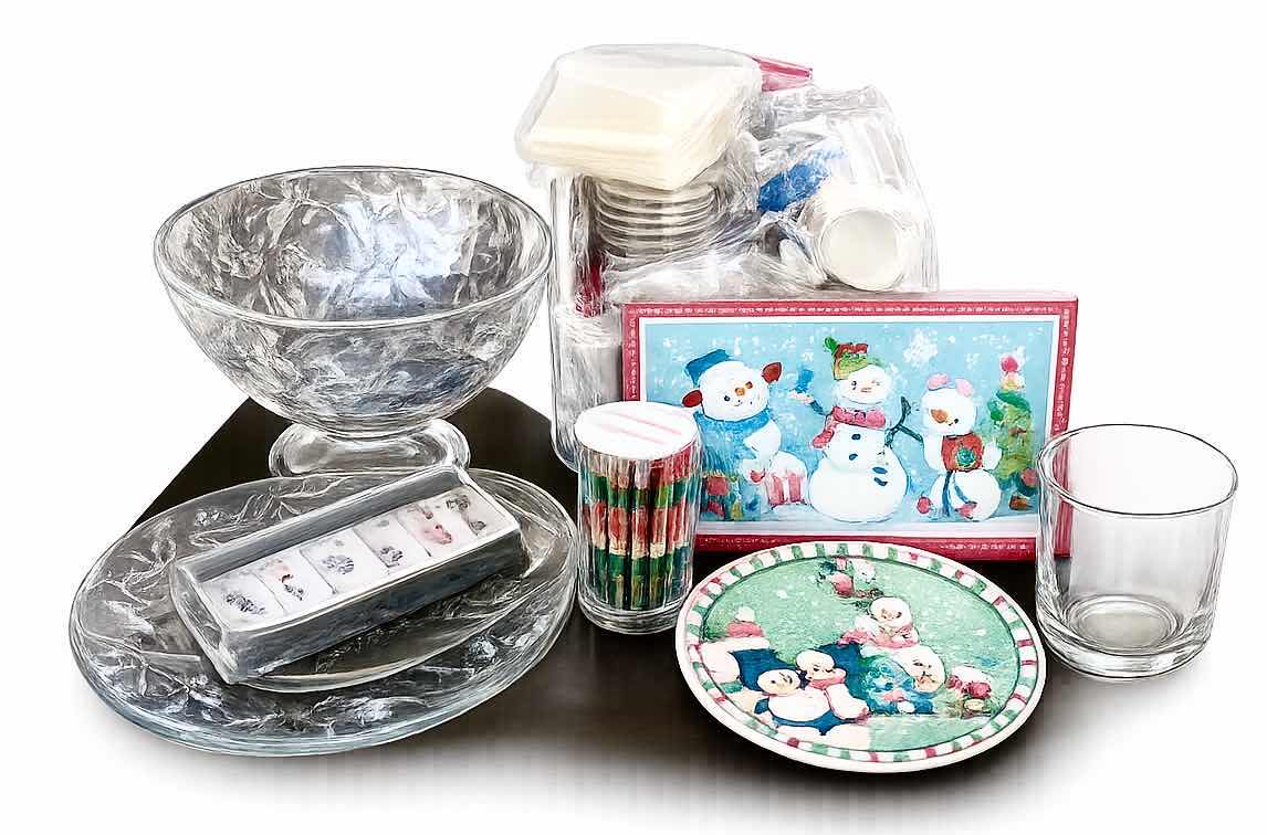 Photo 1 of ASSORTED GLASS SERVING PIECES, HOLIDAY PAPER GOODS, CUPS, NAPKINS, STRAWS, AND DECORATIVE PLATES.