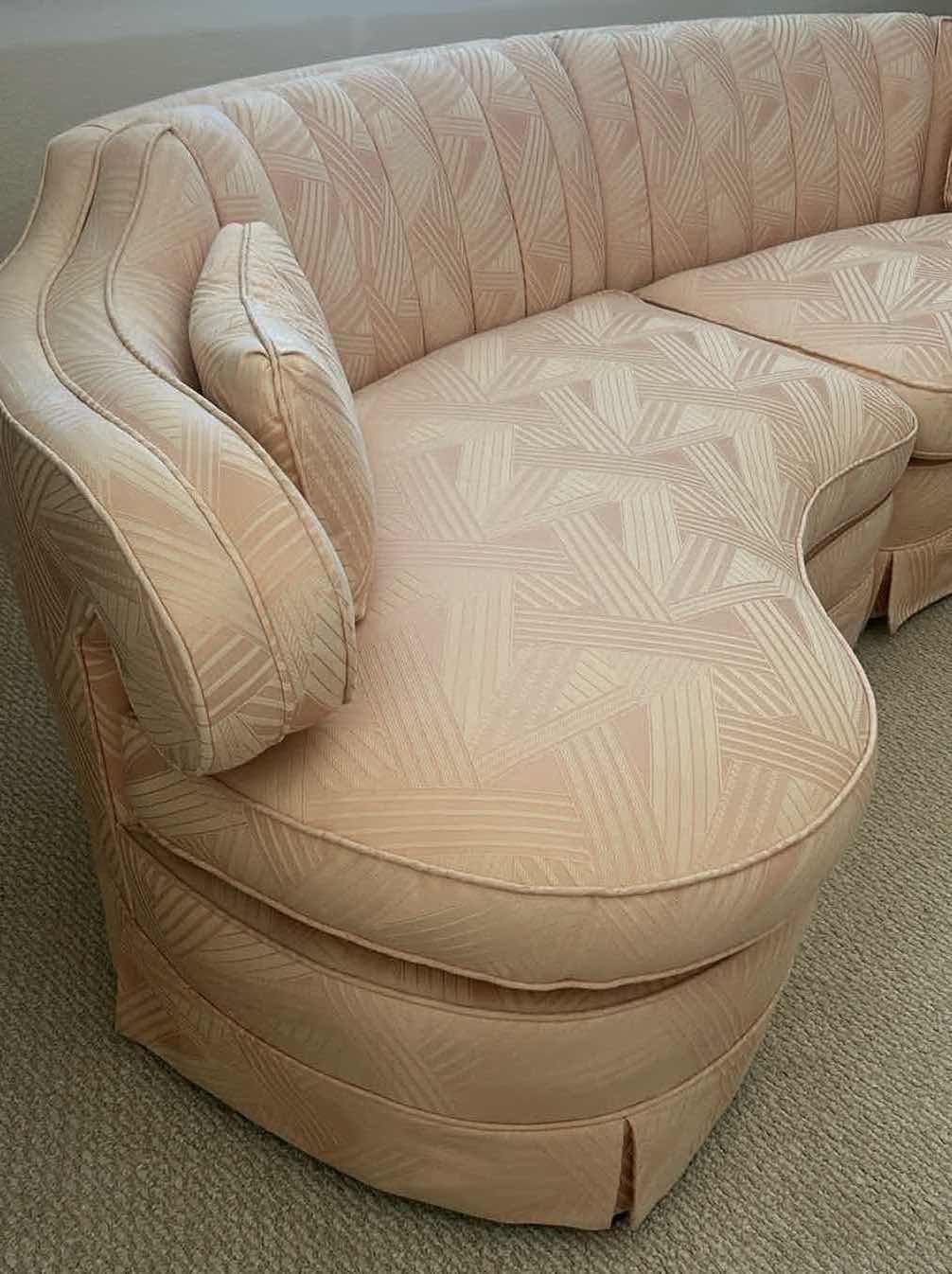 Photo 1 of PAIR VINTAGE SOFT PINK THAYER COGGIN KIDNEY SOFA W ASYMMETRIC SHAPE CHANNEL TUFTING 96"