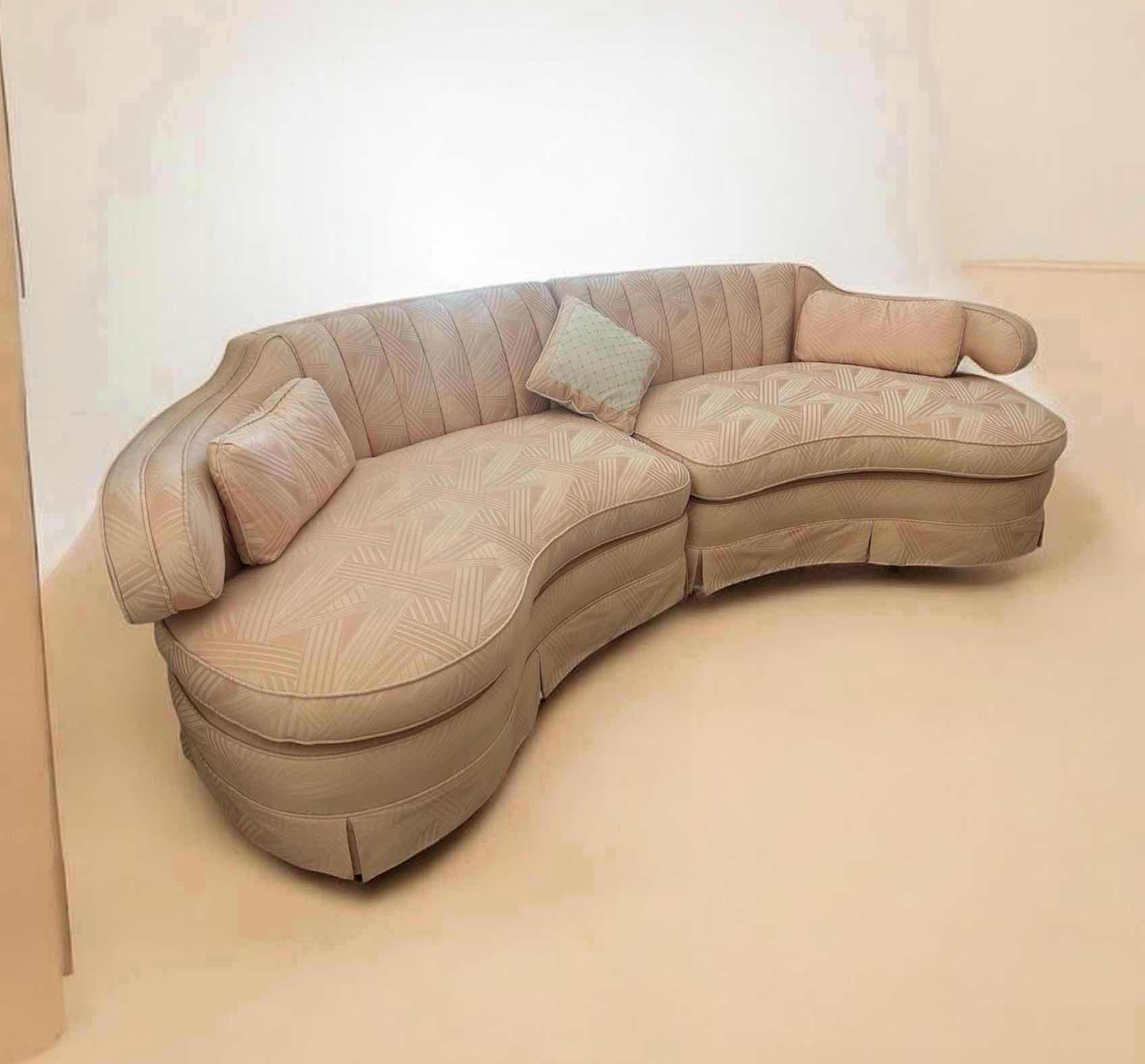 Photo 1 of PAIR VINTAGE SOFT PINK THAYER COGGIN KIDNEY SOFA W ASYMMETRIC SHAPE CHANNEL TUFTING 96"
