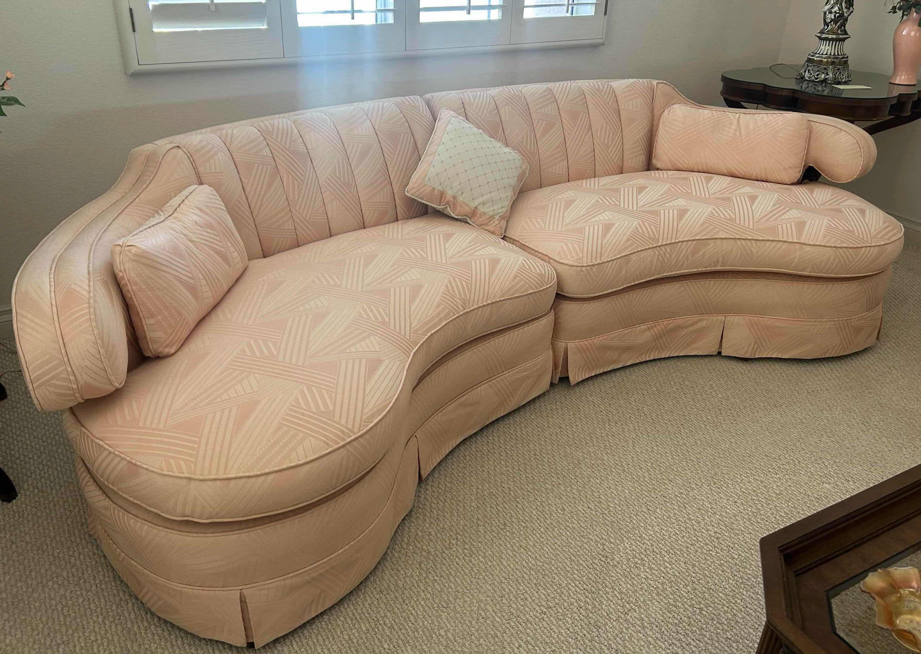 Photo 1 of PAIR VINTAGE SOFT PINK THAYER COGGIN KIDNEY SOFA W ASYMMETRIC SHAPE CHANNEL TUFTING 96"