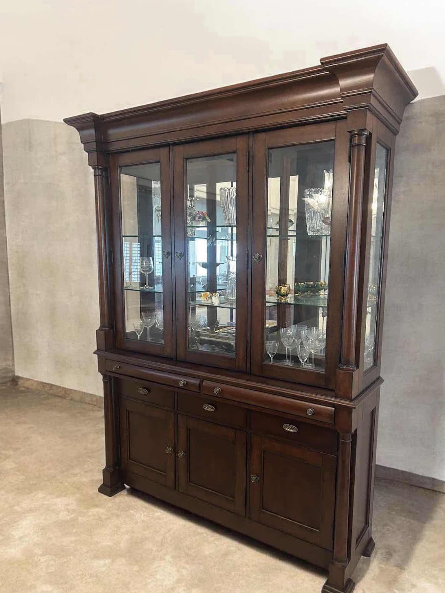Photo 1 of BASSETT DARK WOOD CHINA CABINET W GLASS DOORS INTERNAL SHELVING & ANTIQUE STYLE HARDWARE CABINET ONLY 64" X 17" H 87"