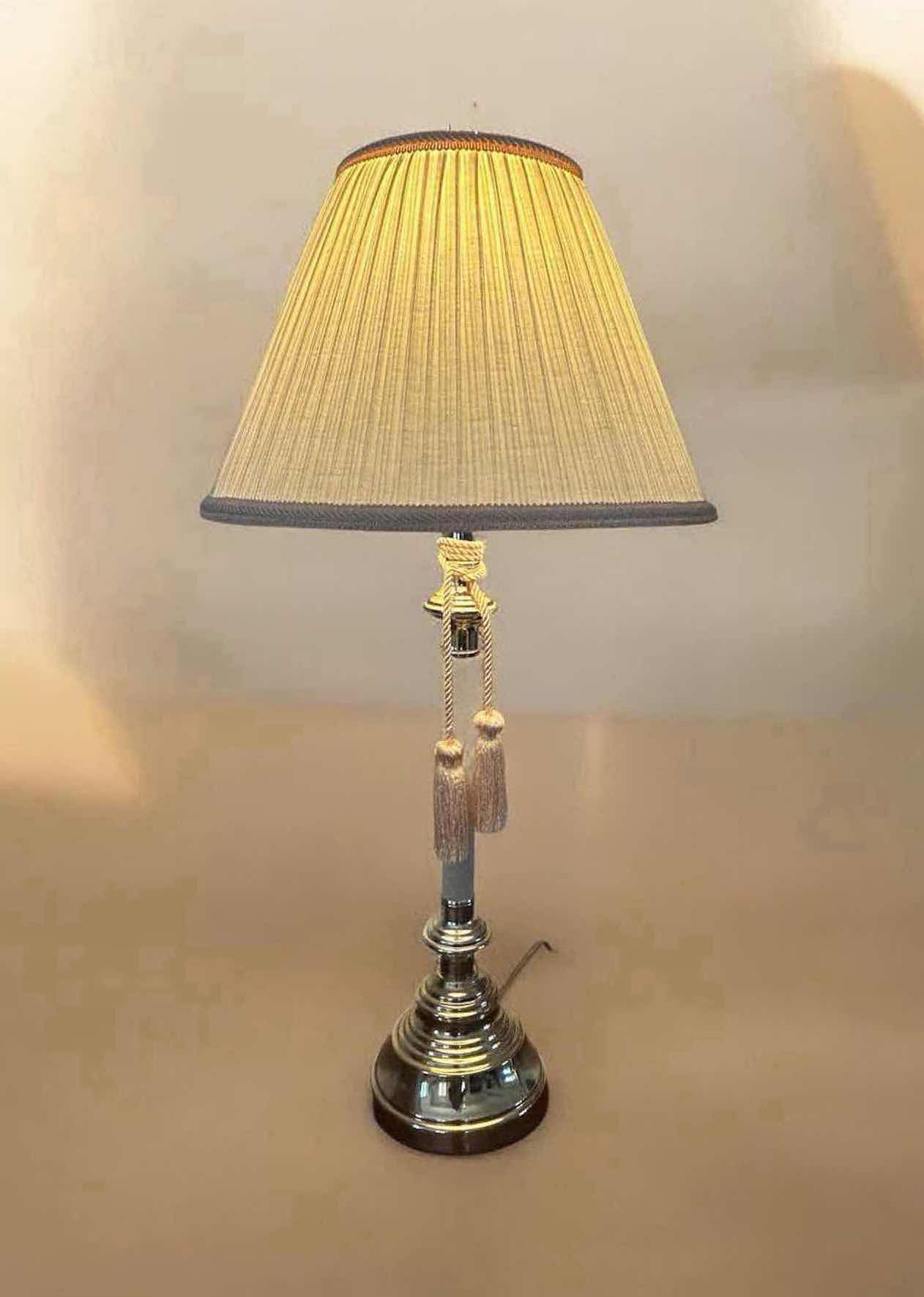 Photo 1 of VINTAGE TABLE LAMP POLISHED NICKEL FINISH OVER CANDLESTICK BASE W PLEATED SHADE H 30" $140
