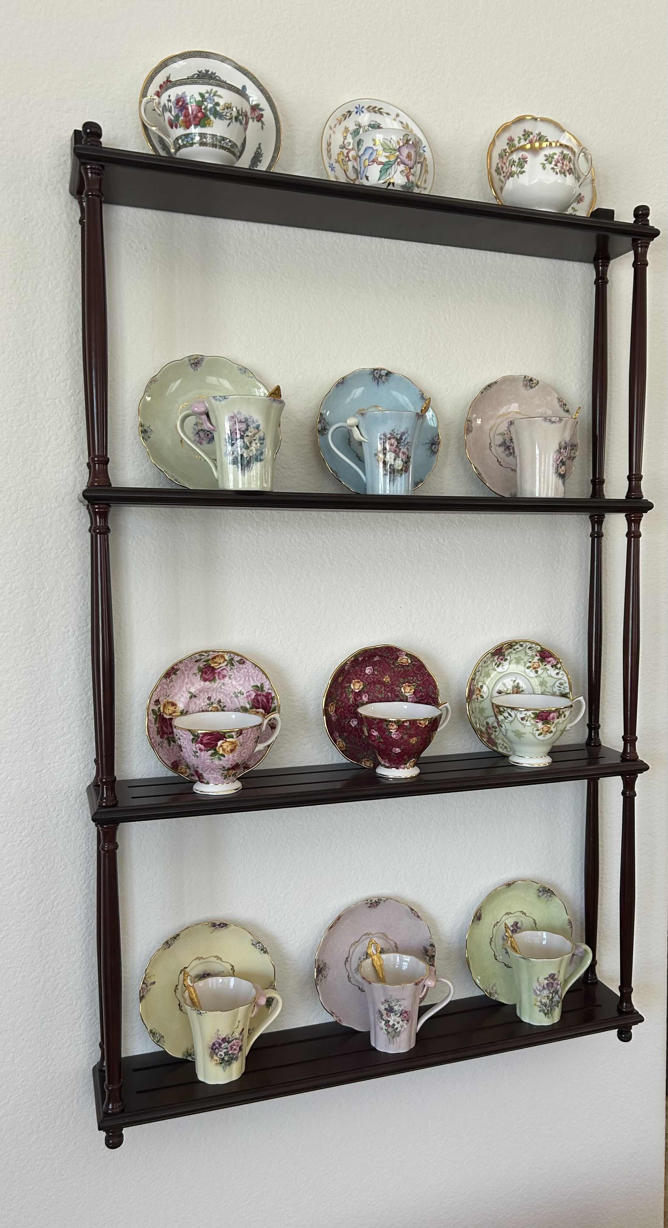 Photo 1 of FOUR TIER WOODEN WALL SHELF SHOWCASES COLLECTION OF VINTAGE PORCELAIN TEACUPS & SAUCERS 25" X 36" $175