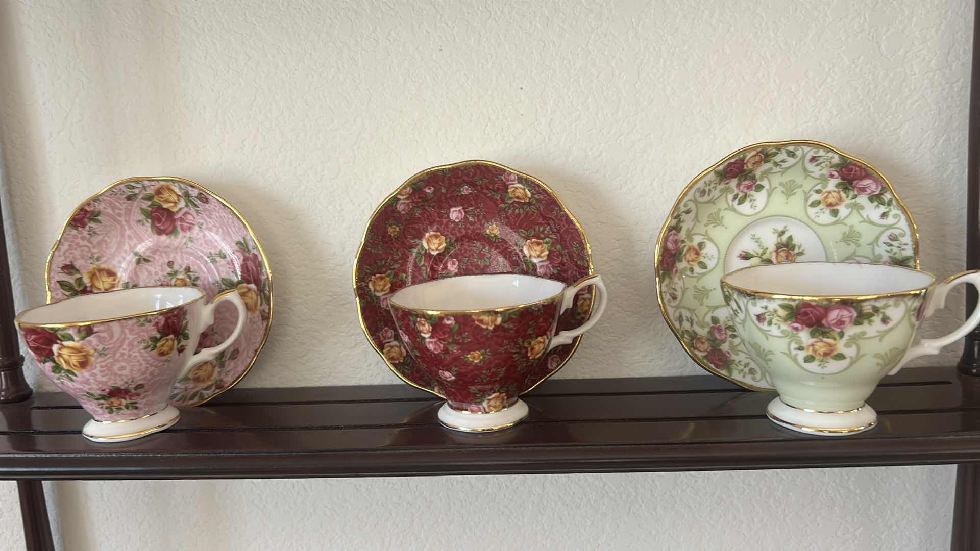 Photo 1 of FOUR TIER WOODEN WALL SHELF SHOWCASES COLLECTION OF VINTAGE PORCELAIN TEACUPS & SAUCERS 25" X 36" $175