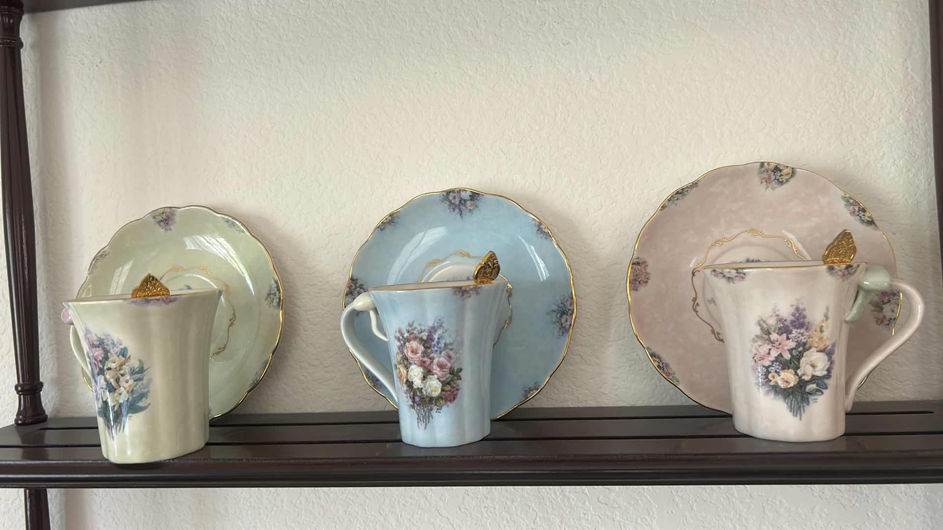 Photo 1 of FOUR TIER WOODEN WALL SHELF SHOWCASES COLLECTION OF VINTAGE PORCELAIN TEACUPS & SAUCERS 25" X 36" $175