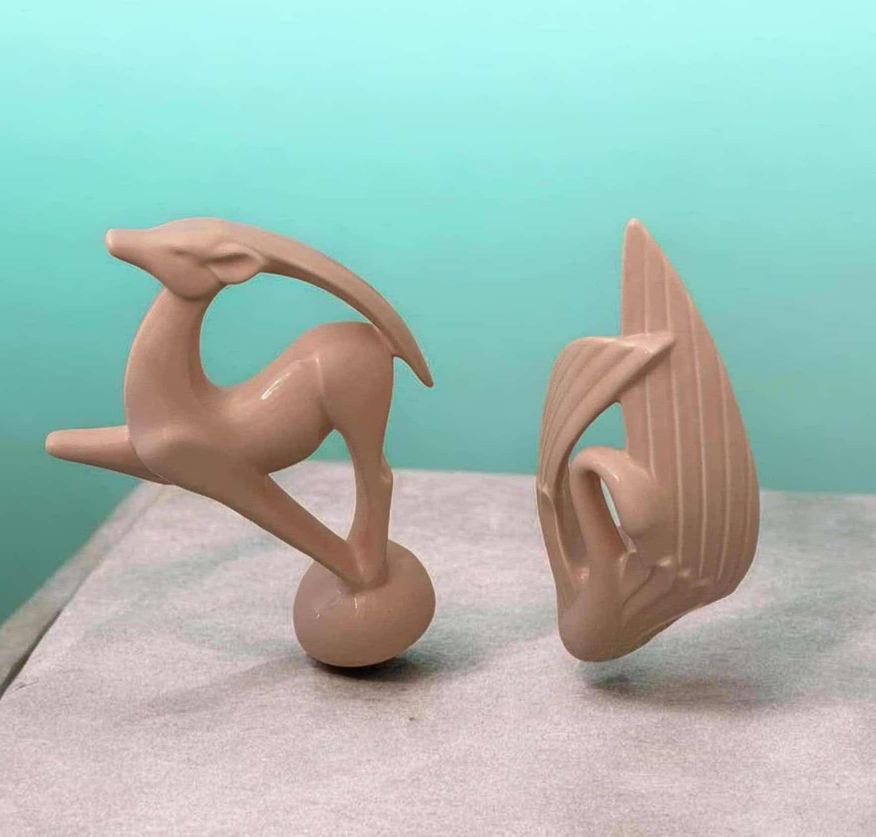 Photo 1 of 2 VINTAGE MID CENTURY MODERN POTTERY PIECES W MATCHING MATTE PASTEL PINK GLAZE  SWAN DEER H 20"