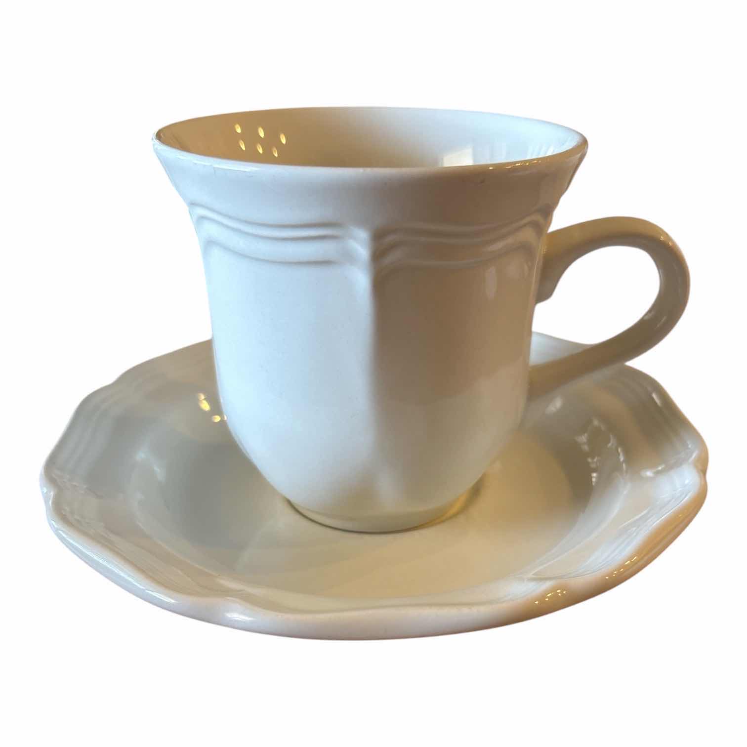 Photo 1 of 6-MIKASA  FRENCH COUNTRYSIDE WHITE STONEWARE TEA CUP AND SAUCER W SCALLOPED EDGES $60