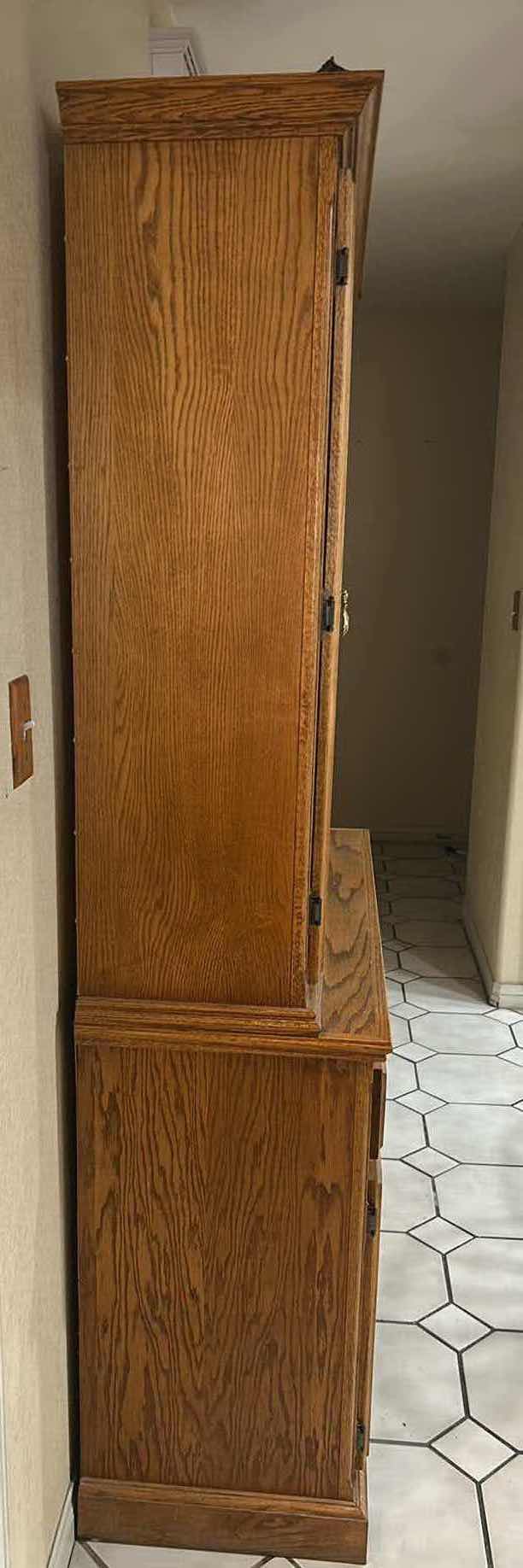 View 3 of TRADITIONAL TWO PIECE OAK CABINET HUTCH W GLASS UPPER  DOORS & LOWER BUFFET 46" X 17" H 76"