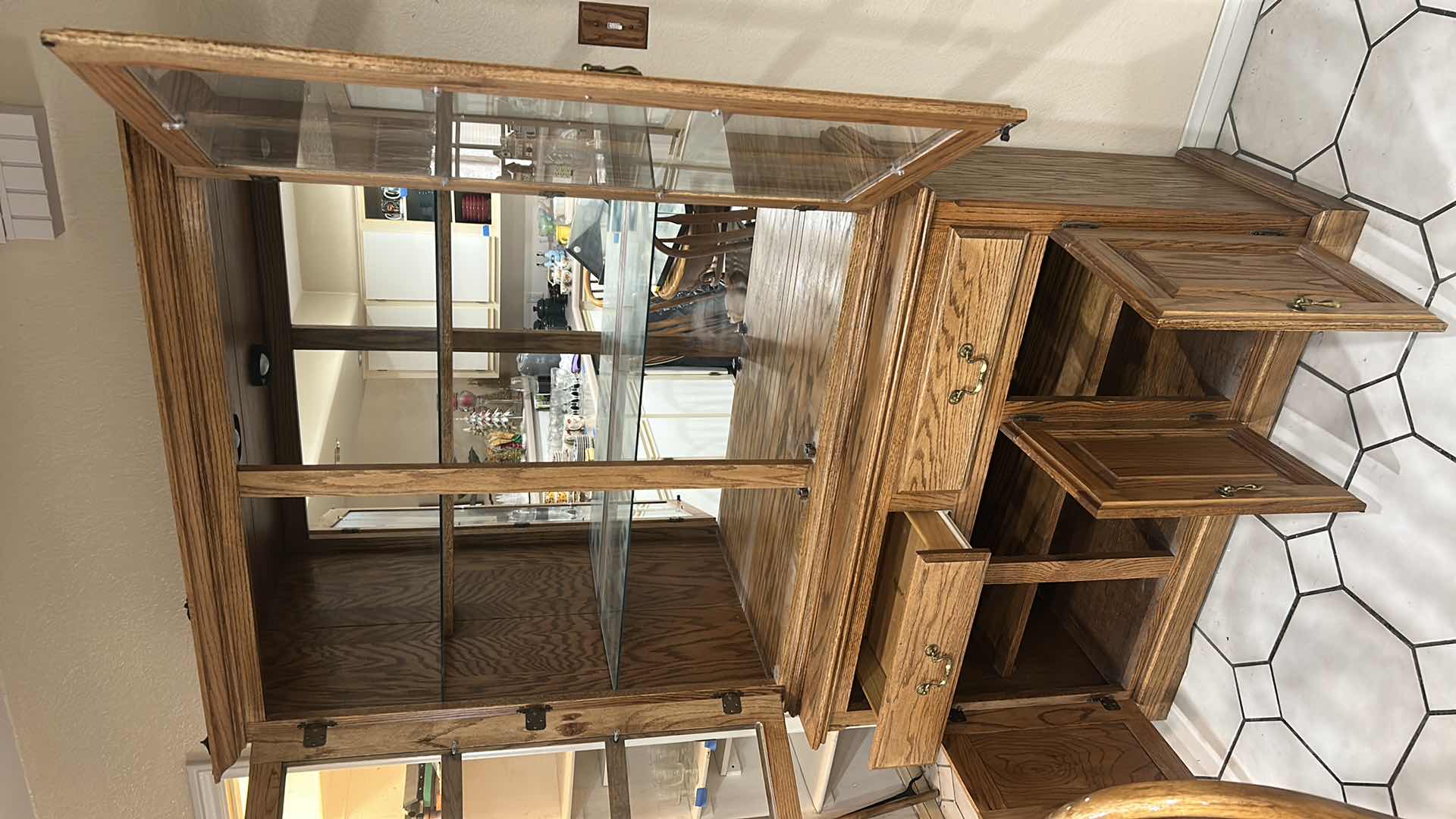 View 2 of TRADITIONAL TWO PIECE OAK CABINET HUTCH W GLASS UPPER  DOORS & LOWER BUFFET 46" X 17" H 76"