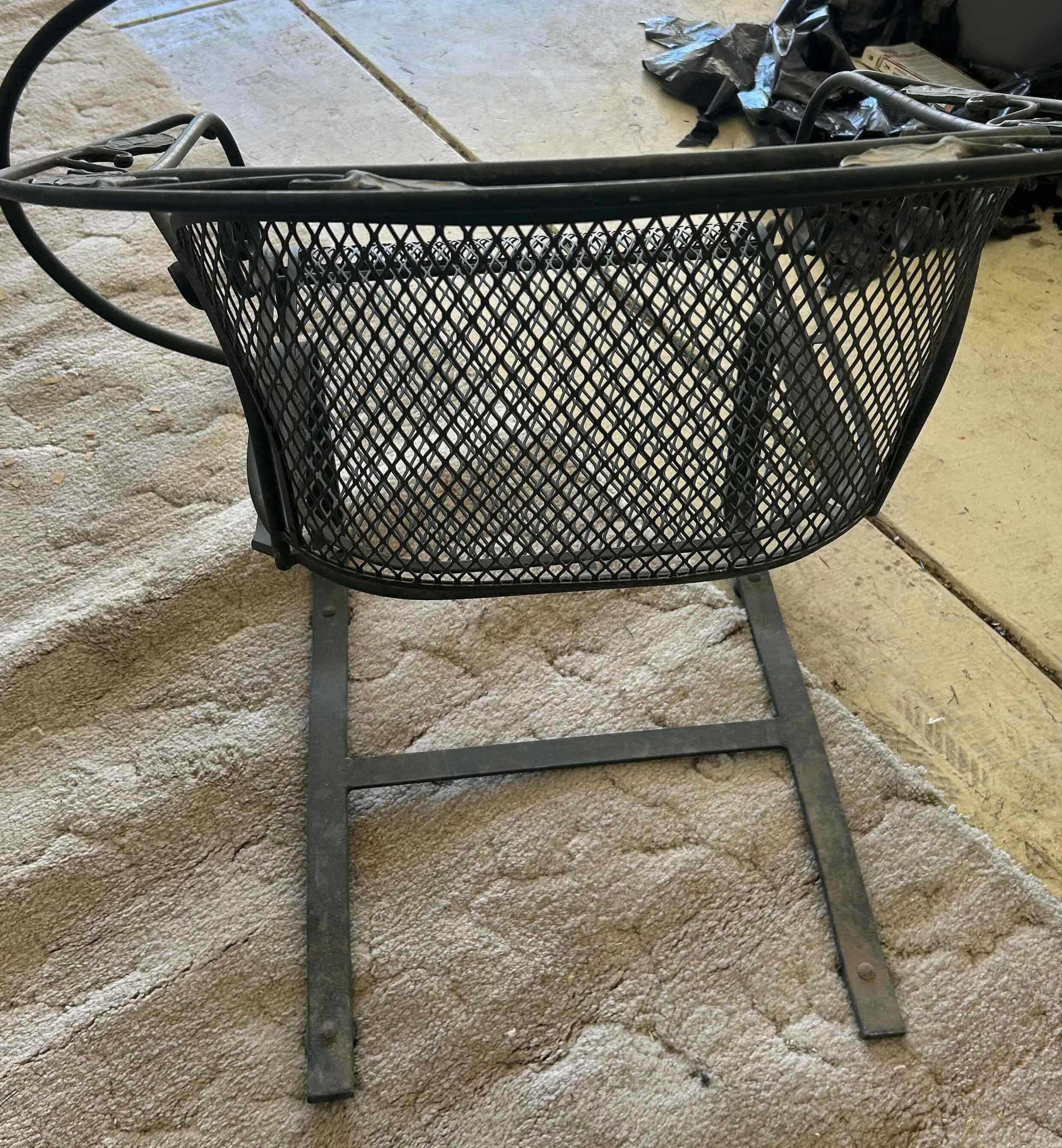 Photo 1 of VINTAGE GREEN WROUGHT IRON PATIO SET W LEAF & VINE SCROLL DETAILS 2 MATCHING  GLIDER CHAIRS 36"ROUND MESH TOP TABLE