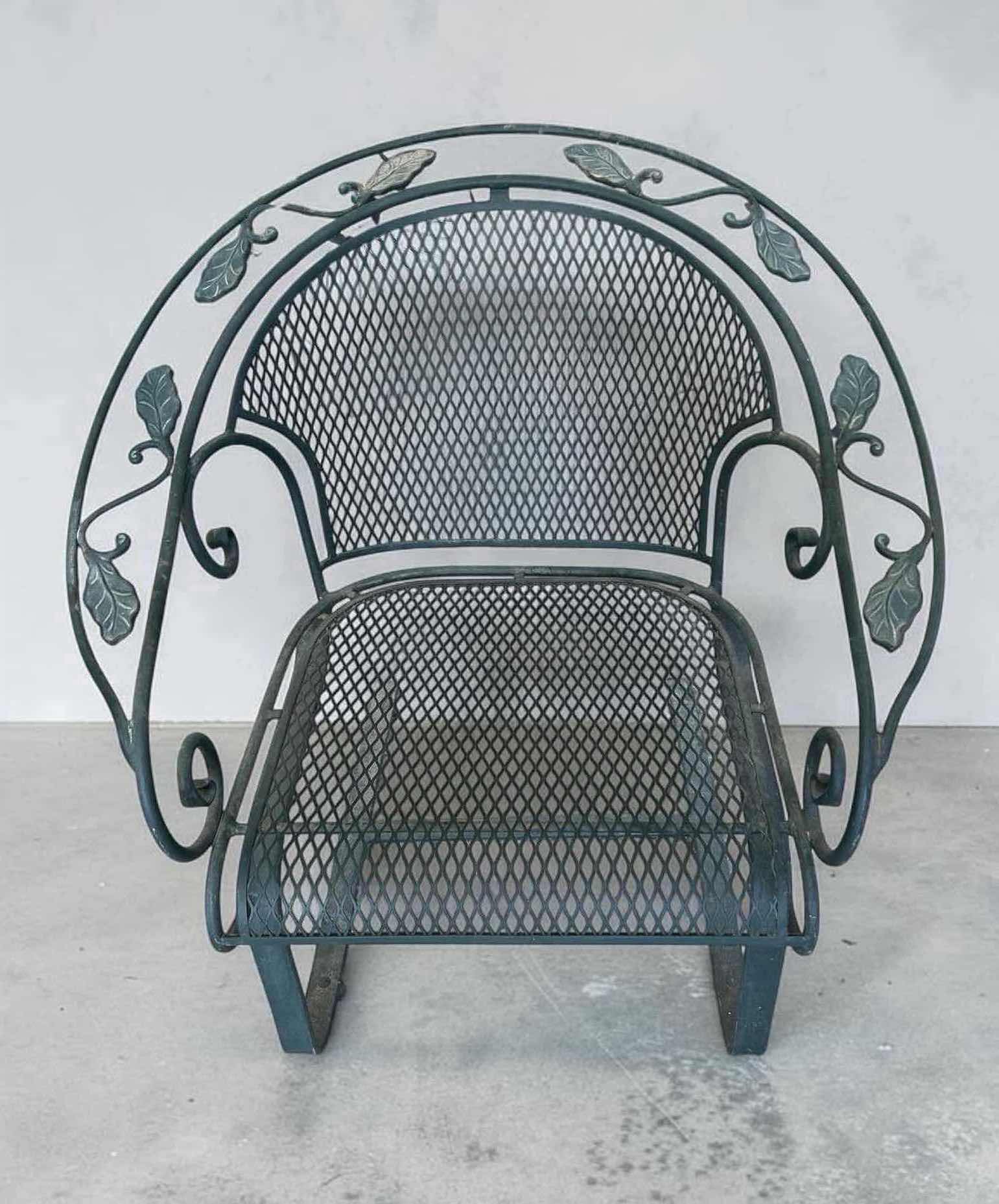 Photo 1 of VINTAGE GREEN WROUGHT IRON PATIO SET W LEAF & VINE SCROLL DETAILS 2 MATCHING  GLIDER CHAIRS 36"ROUND MESH TOP TABLE