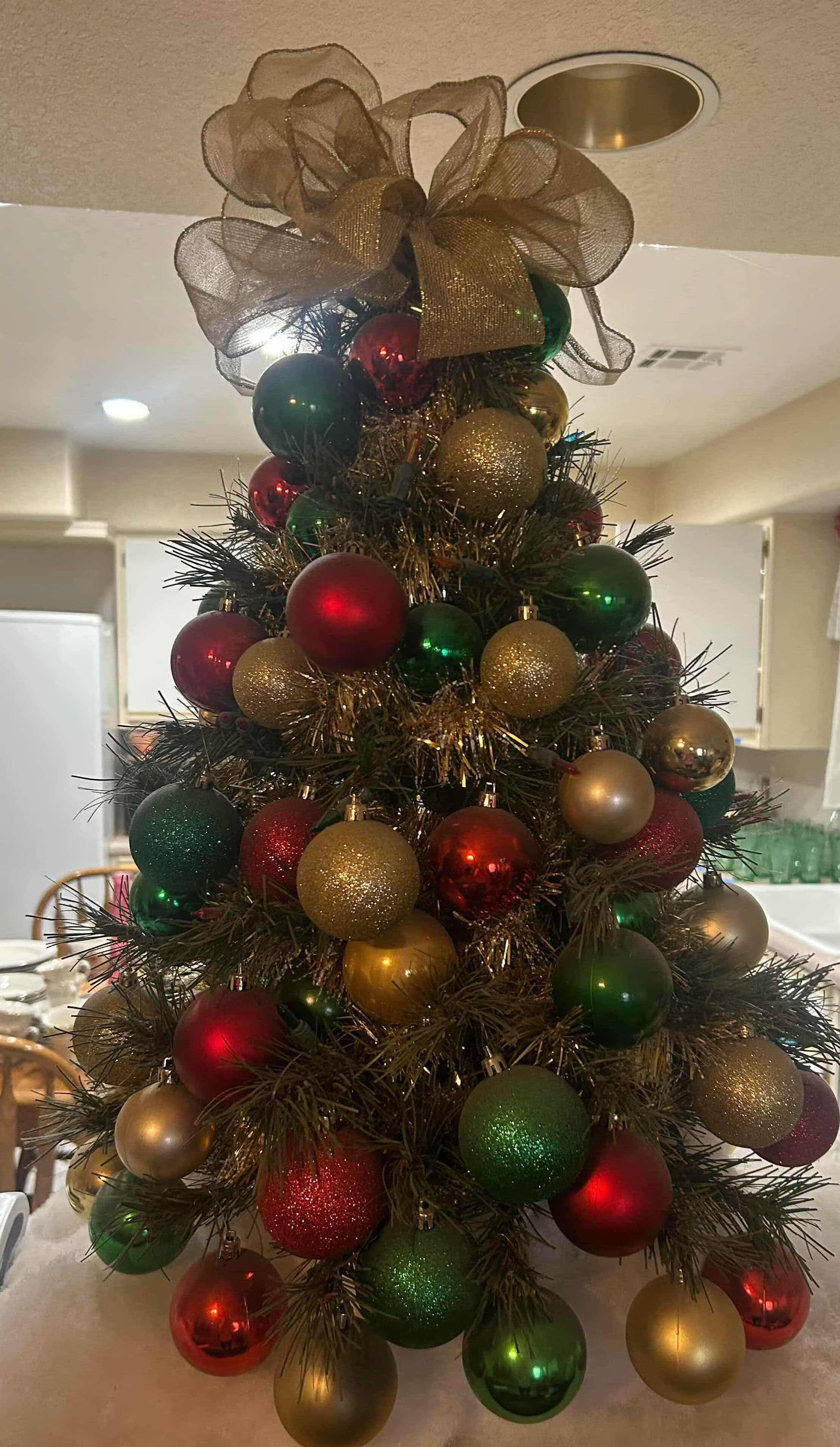 Photo 1 of MINIATURE TABLETOP DECORATED  CHRISTMAS TREE W CLASSIC RED GOLD ORNAMENTS H 32"