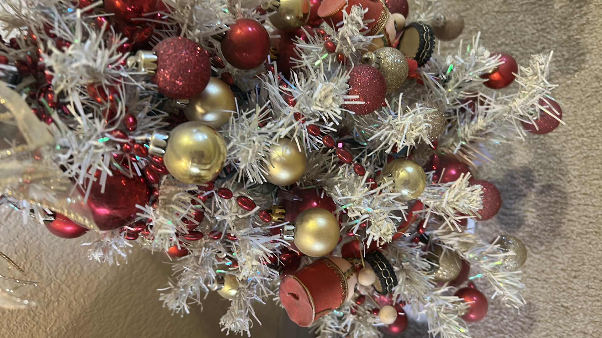 Photo 1 of MINIATURE TABLETOP DECORATED  CHRISTMAS TREE W CLASSIC RED GOLD ORNAMENTS H 24"