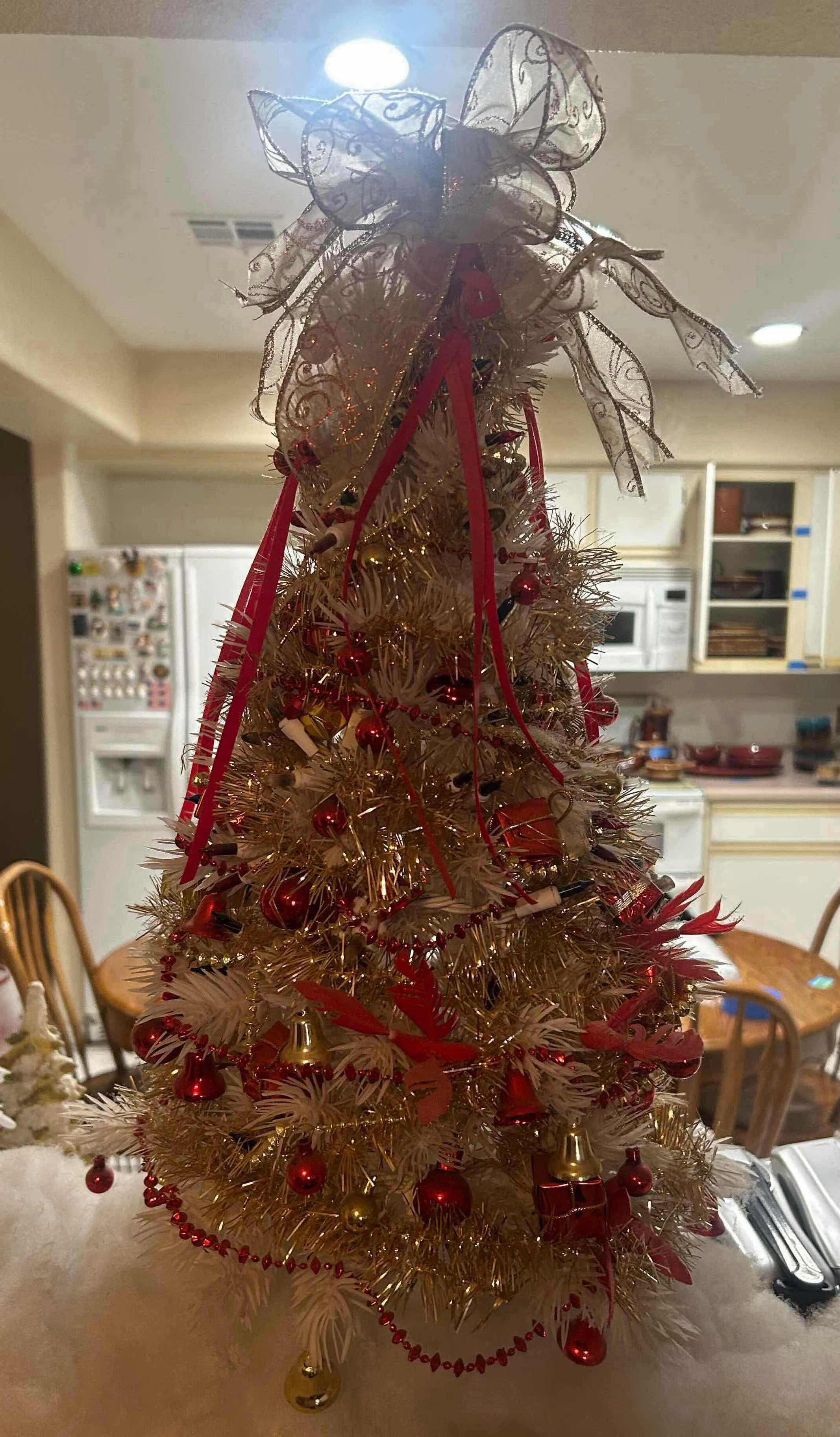 Photo 1 of MINIATURE TABLETOP DECORATED  CHRISTMAS TREE W CLASSIC RED GOLD ORNAMENTS H 24"