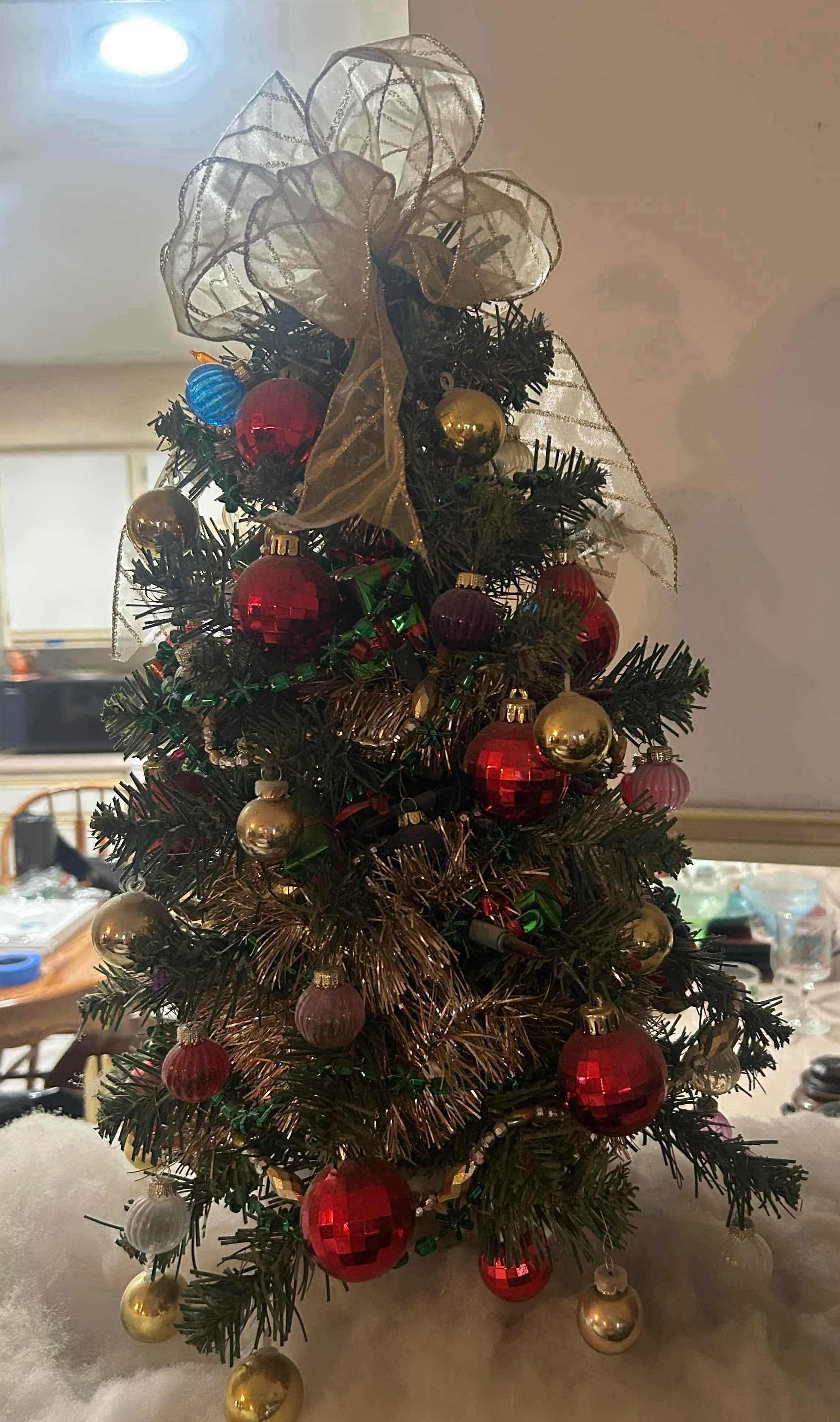Photo 1 of MINIATURE TABLETOP DECORATED  CHRISTMAS TREE W CLASSIC RED GOLD ORNAMENTS H 24" $50