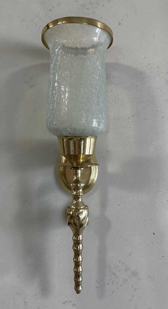 Photo 1 of 2 - BRASS CANDLE SCONCES WITH CRACKLE GLASS SHADE  H15”