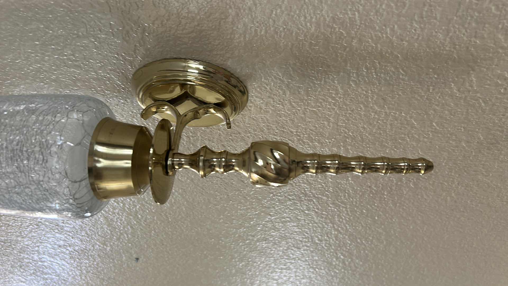 Photo 1 of 2 - BRASS CANDLE SCONCES WITH CRACKLE GLASS SHADE  H15”