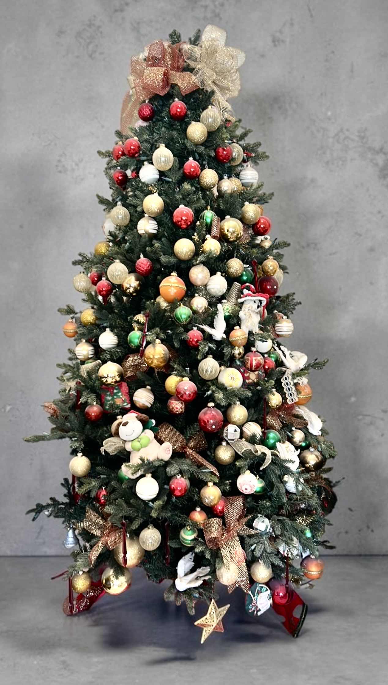 Photo 1 of 8’ ARTIFICIAL CHRISTMAS TREE DECORATED W RED GOLD WHITE GREEN ORNAMENTS