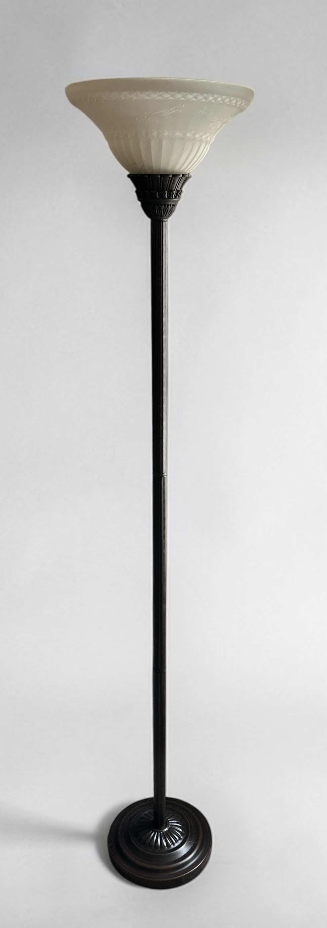 Photo 1 of BRASS TONE W IVORY GLASS SHADE FLOOR LAMP H 6'