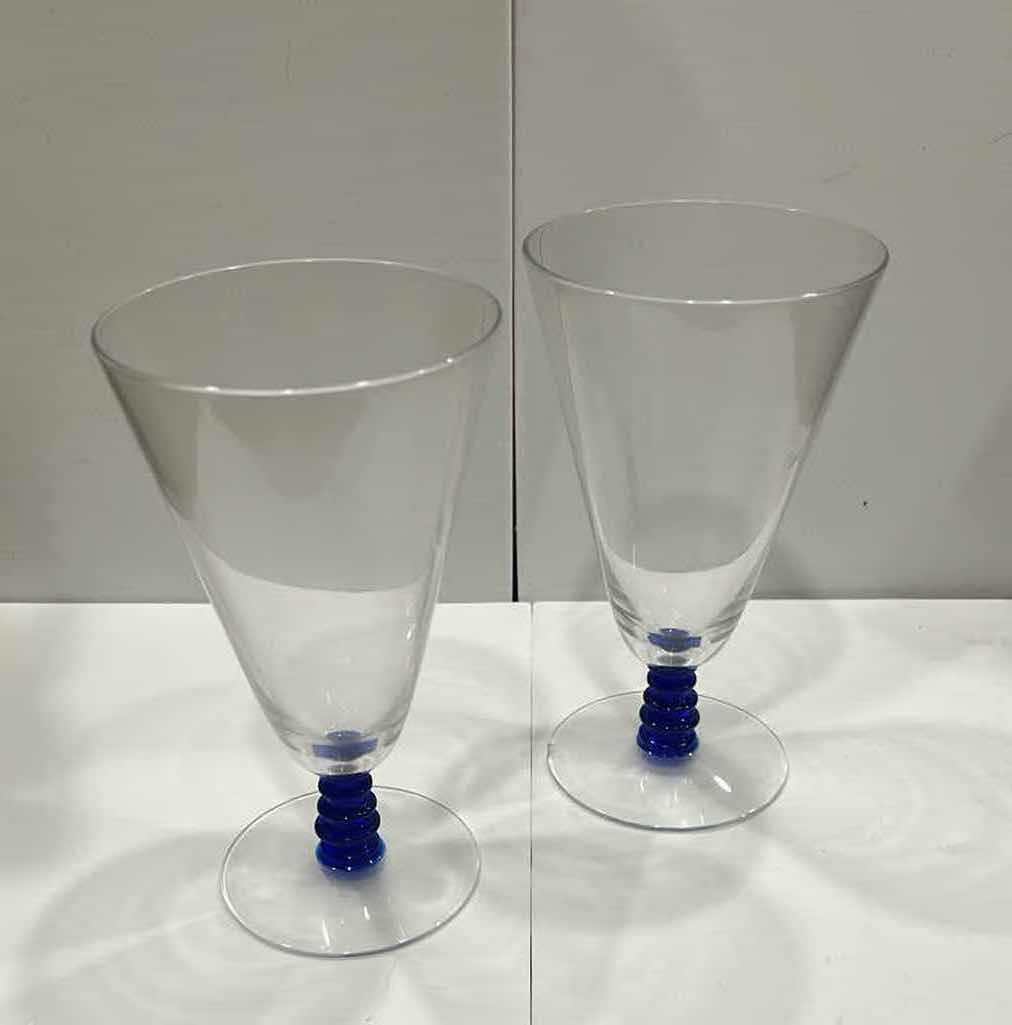 Photo 1 of 12- VINTAGE CLEAR WATER GLASS W TEXTURE COBALT BLUE STEM