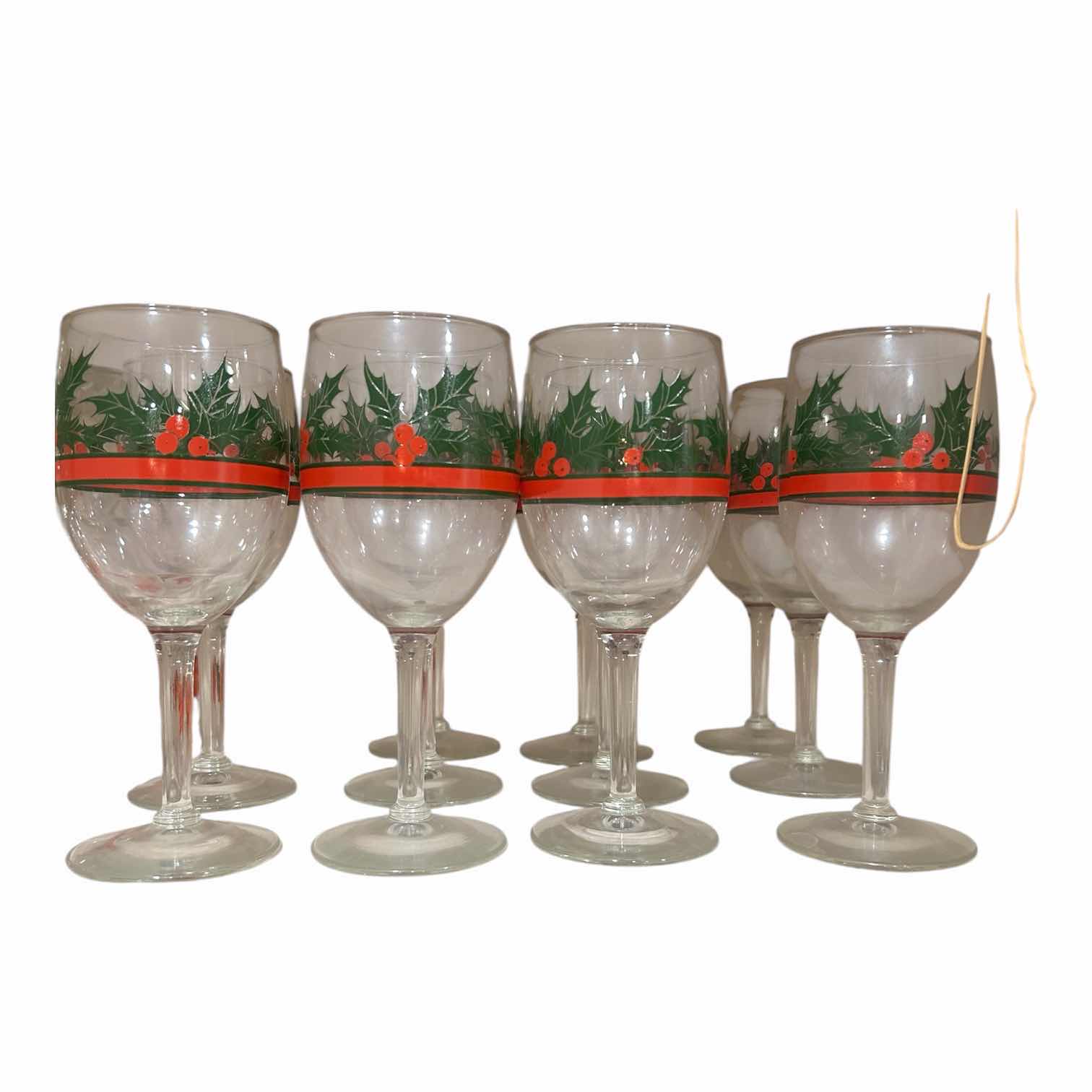 Photo 1 of 12-VINTAGE LIBBEY GLASS CHRISTMAS HOLLY BERRIES PEDESTAL WINE