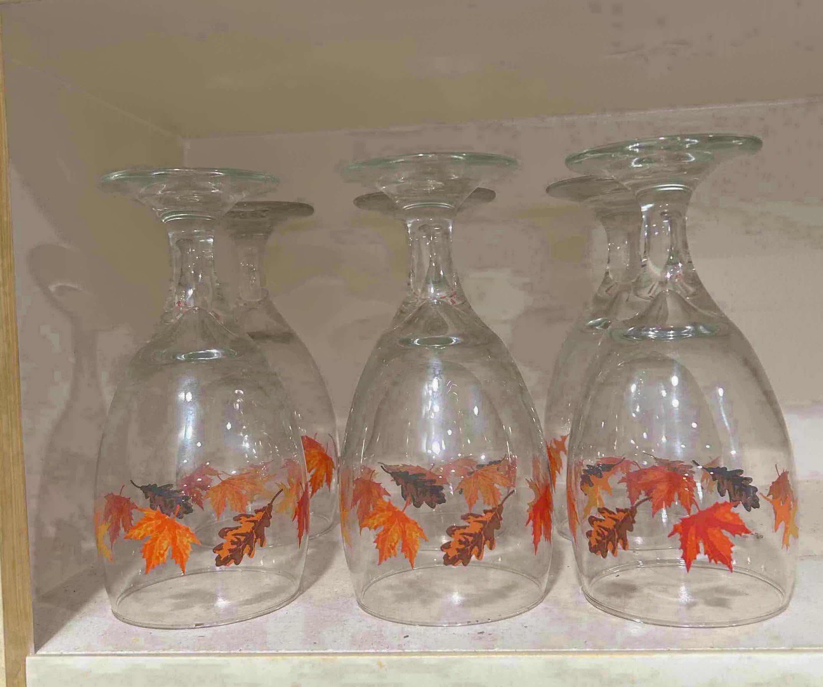 Photo 1 of 8- VINTAGE LIBBEY FALL LEAVES WINE GLASSES W VIBRANT ORANGE RED ATUMN LEAF PATTERN