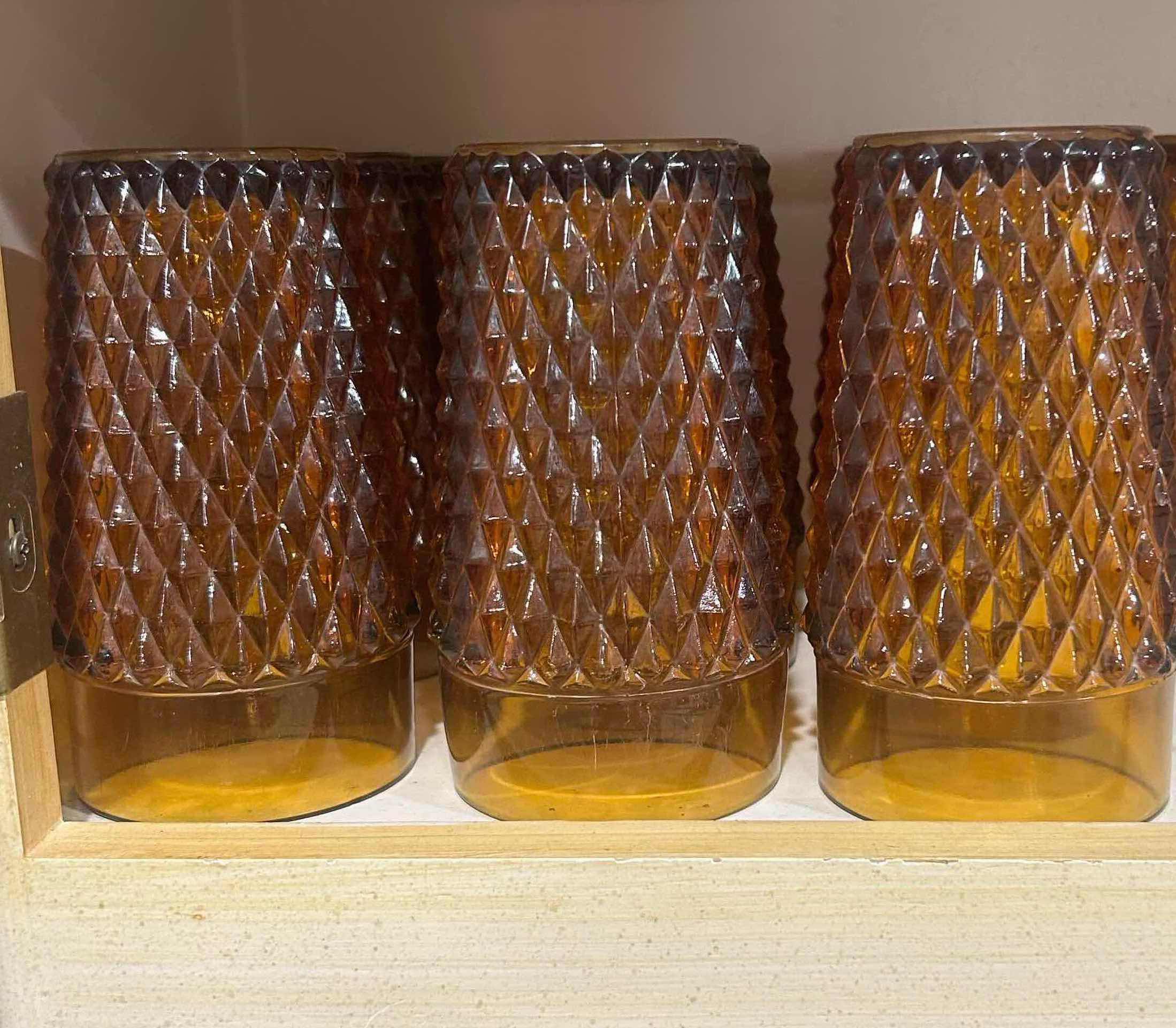 Photo 1 of 8- VINTAGE DIAMOND POINT AMBER GLASS TUMBLERS