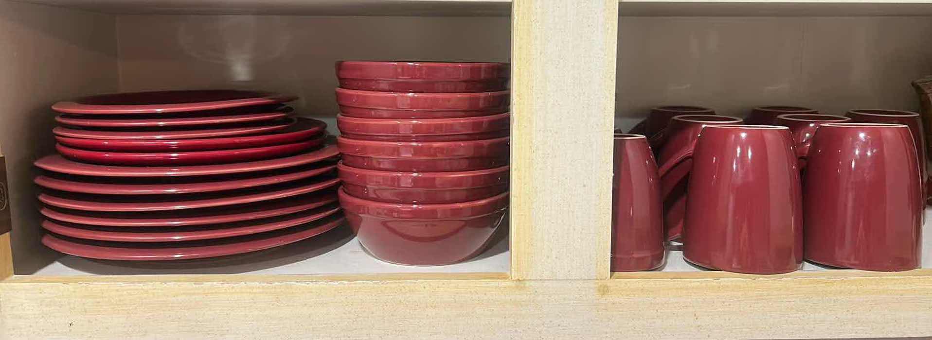 Photo 1 of CONTENTS OF SHELF GLOSSY BURGUNDY STONEWARE CEREAL BOWLS MUGS DINNER PLATES