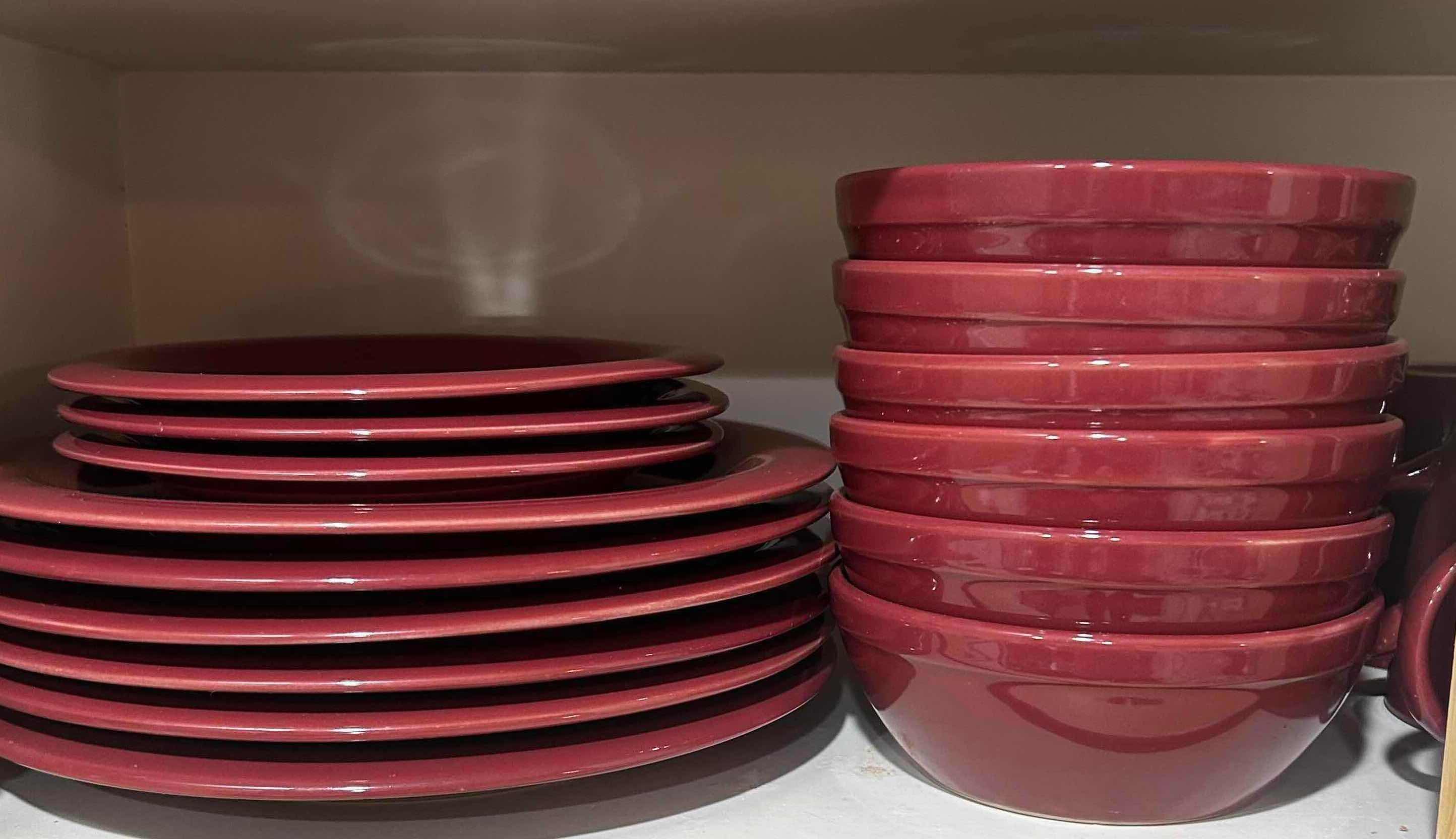 Photo 1 of CONTENTS OF SHELF GLOSSY BURGUNDY STONEWARE CEREAL BOWLS MUGS DINNER PLATES
