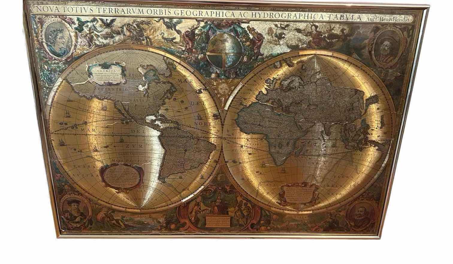 Photo 1 of GOLD FRAMED GOLD FOIL REPRODUCTION OF HENDRIK HONDIUS FAMOUS 17 TH CENTURY WORLD MAP 28" X 20"