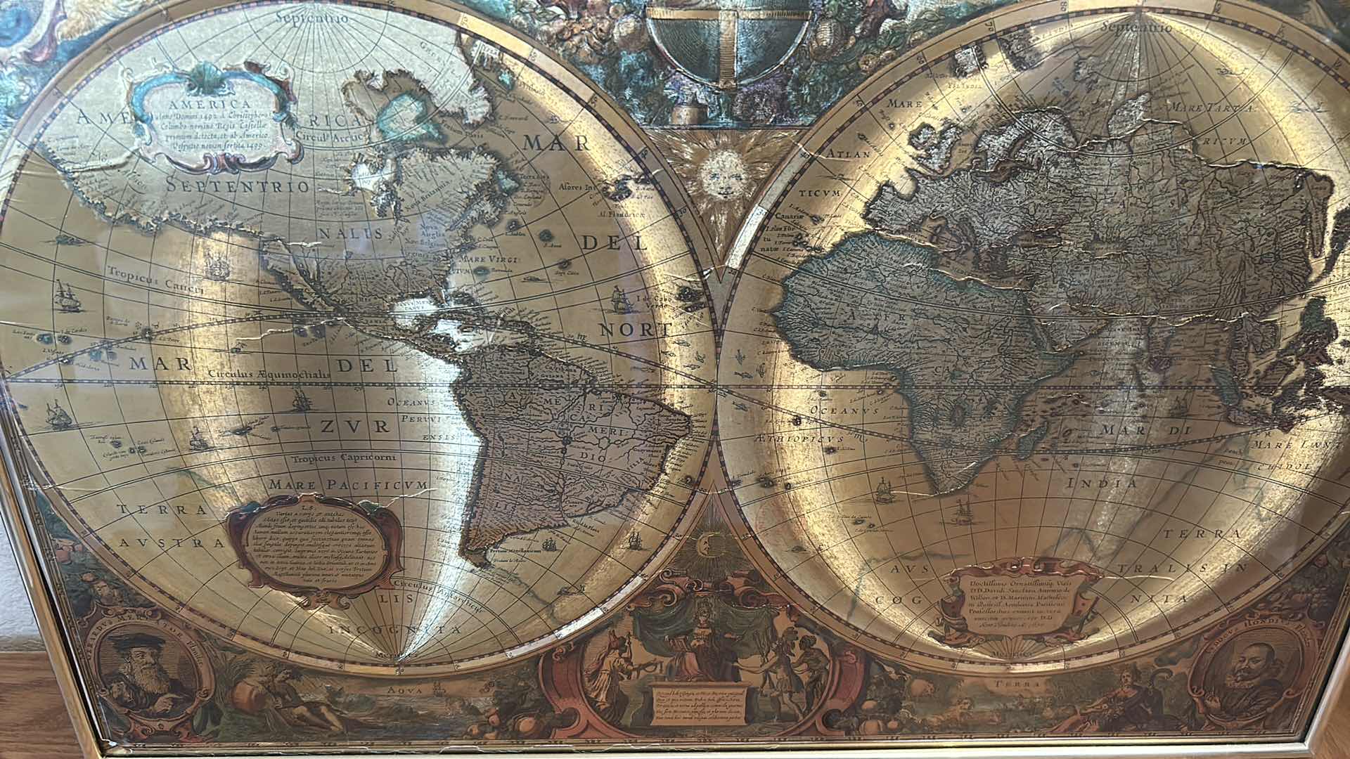 Photo 1 of GOLD FRAMED GOLD FOIL REPRODUCTION OF HENDRIK HONDIUS FAMOUS 17 TH CENTURY WORLD MAP 28" X 20"
