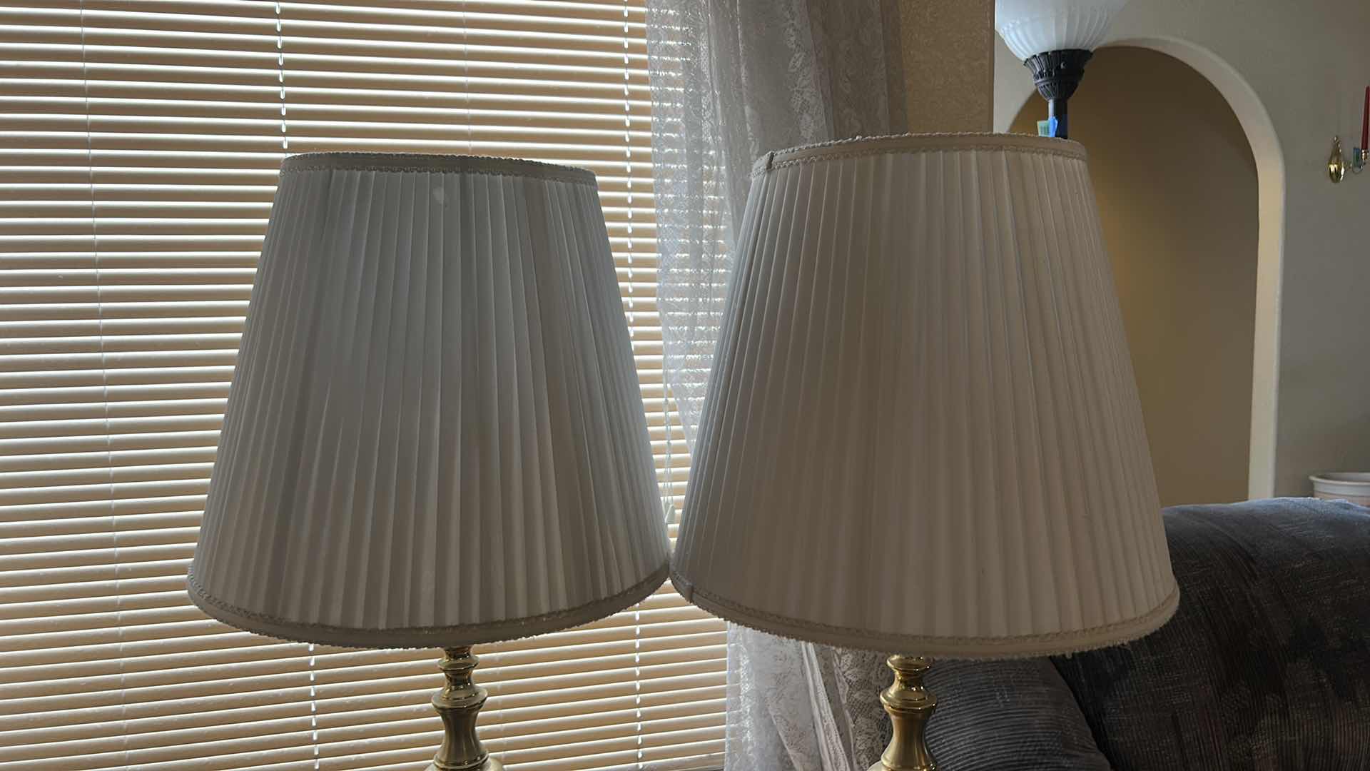 Photo 1 of 2 BRASS TABLE LAMPS W PLEATED SHADES  H30.5”