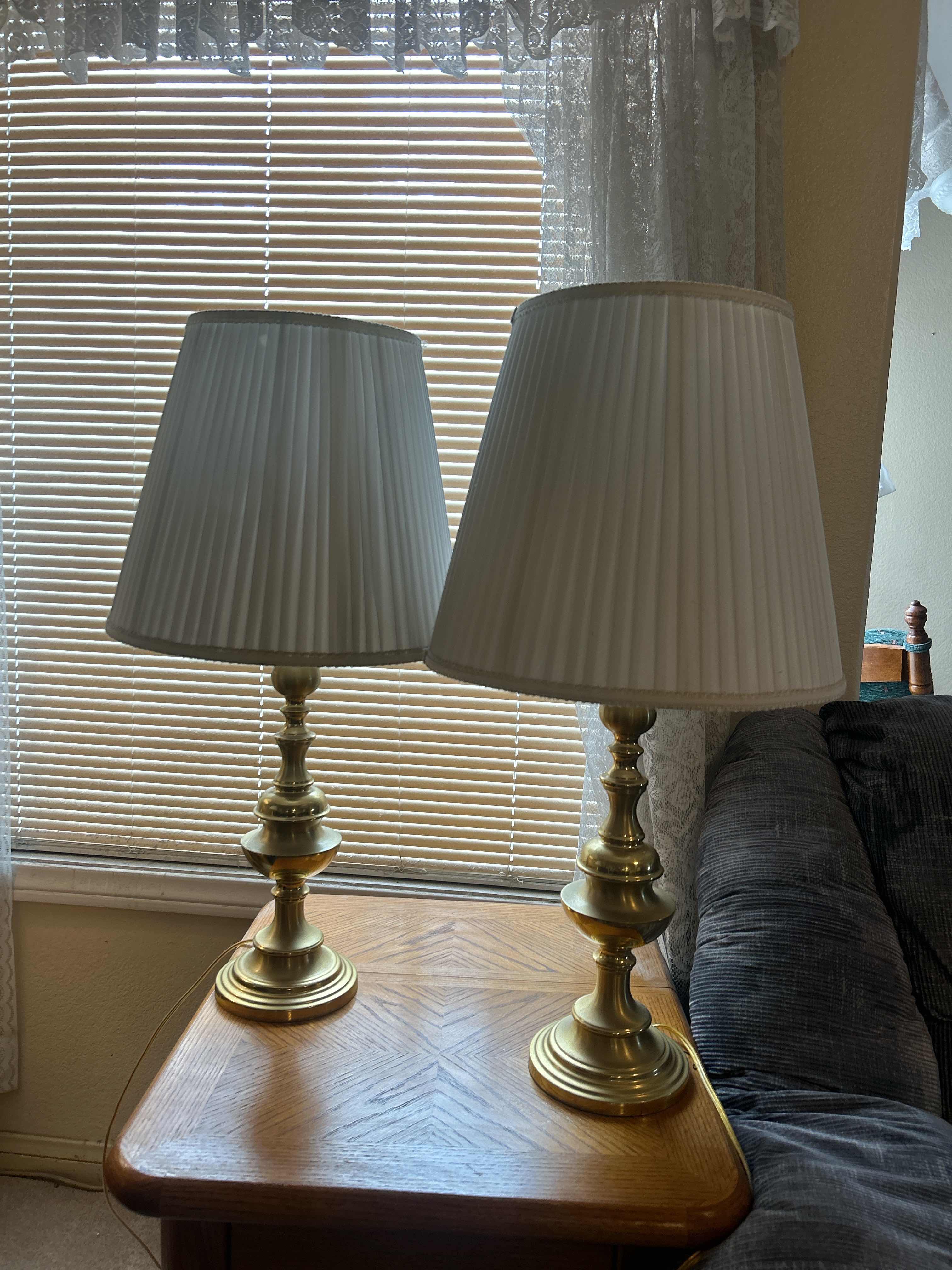 Photo 1 of 2 BRASS TABLE LAMPS W PLEATED SHADES  H30.5”