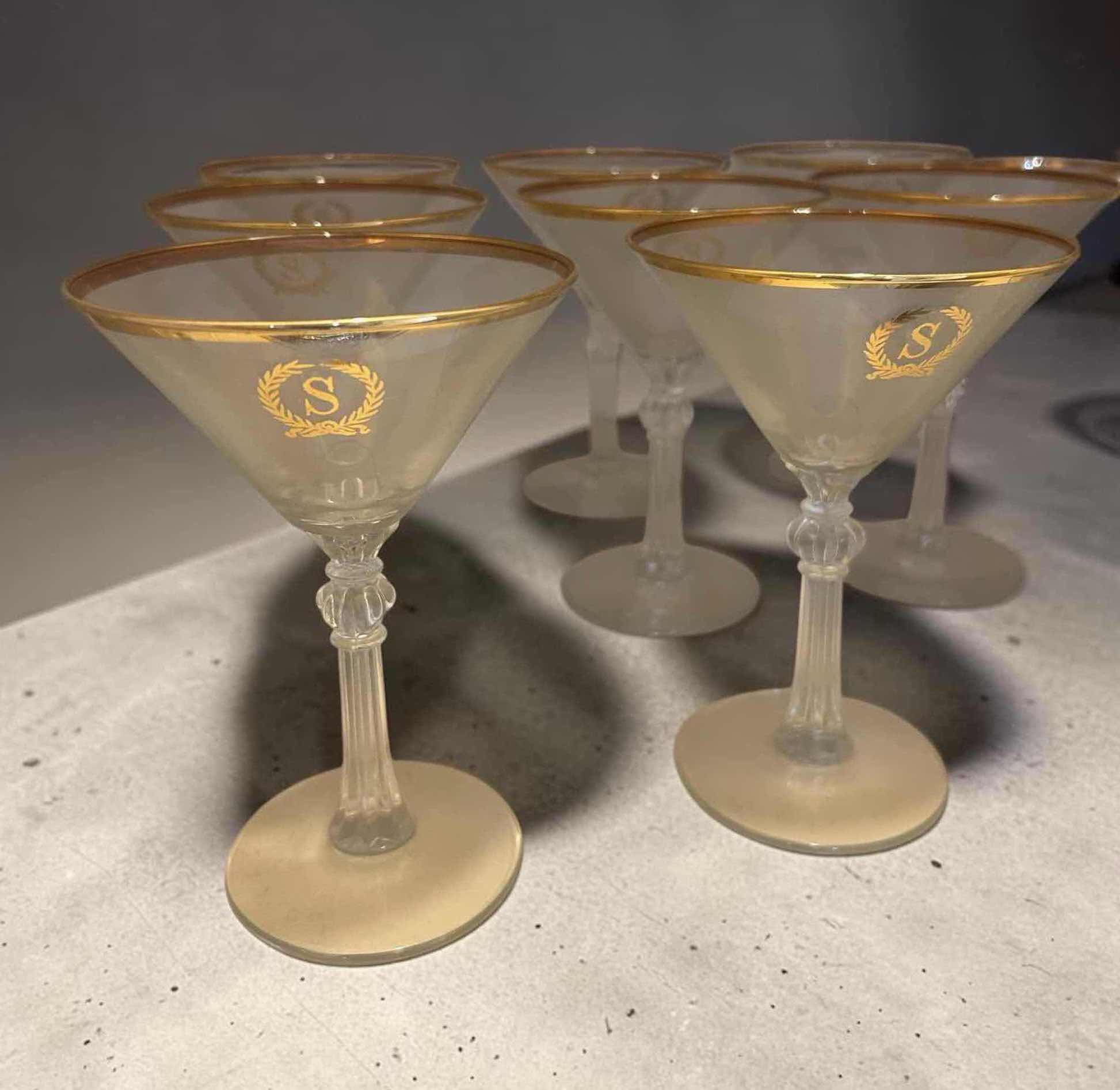 Photo 1 of 8-VINTAGE CLEAR CRYSTAL STEMWARE GOLD RIM W GOLD"S" MONOGRAM H 6"