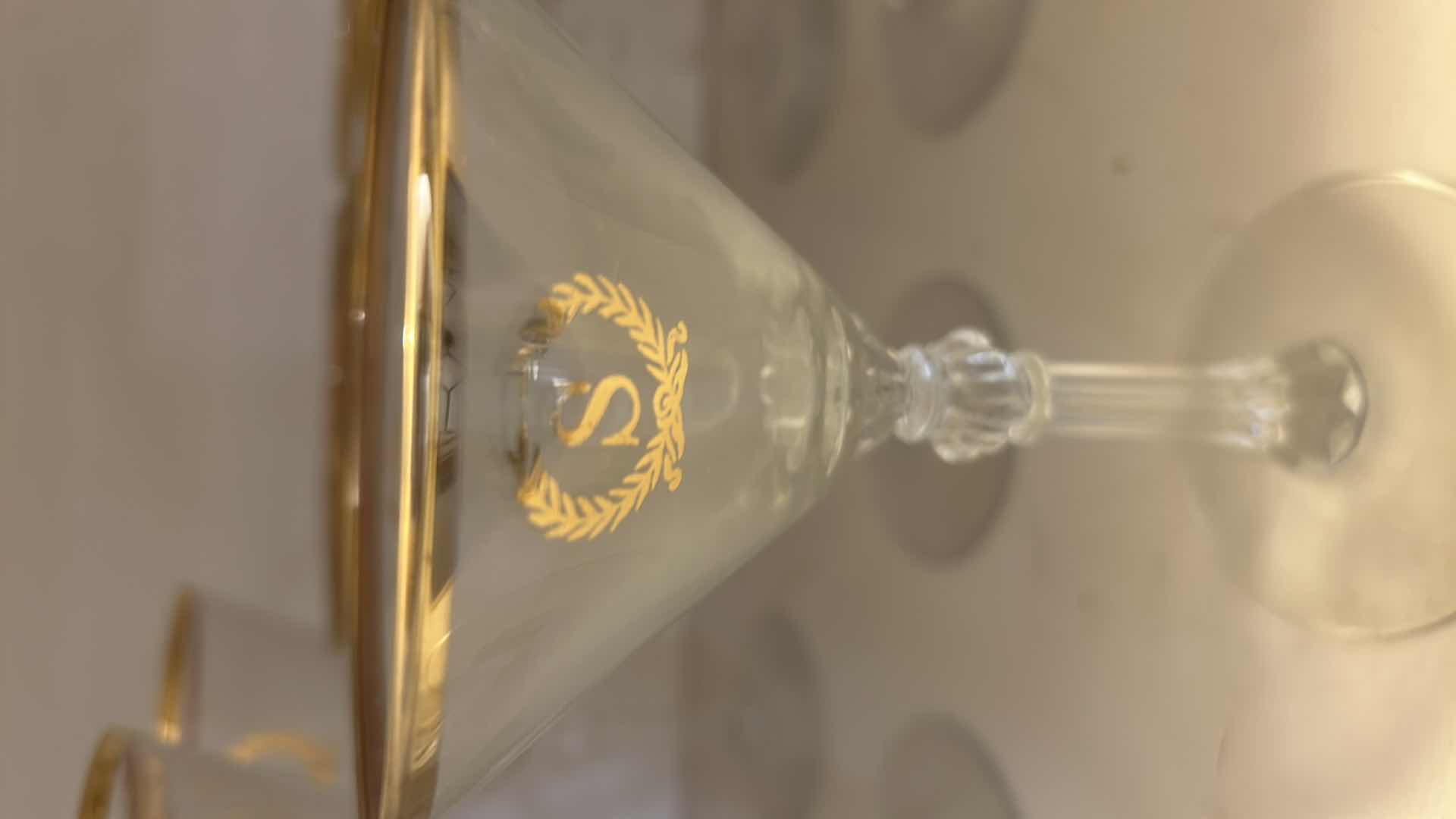 Photo 1 of 8-VINTAGE CLEAR CRYSTAL STEMWARE GOLD RIM W GOLD"S" MONOGRAM H 6"
