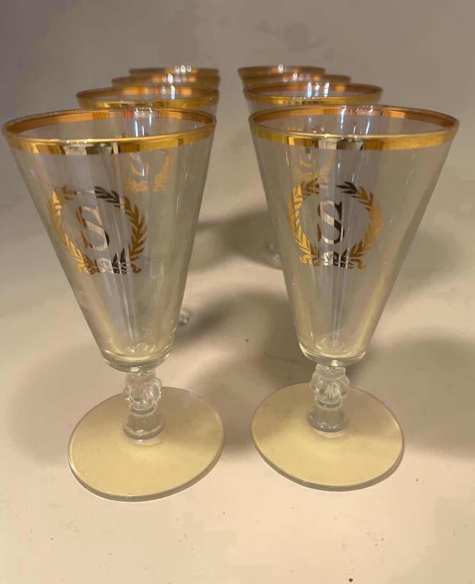 Photo 1 of 8-VINTAGE CLEAR CRYSTAL STEMWARE GOLD RIM W GOLD "S" MONOGRAM H 6"