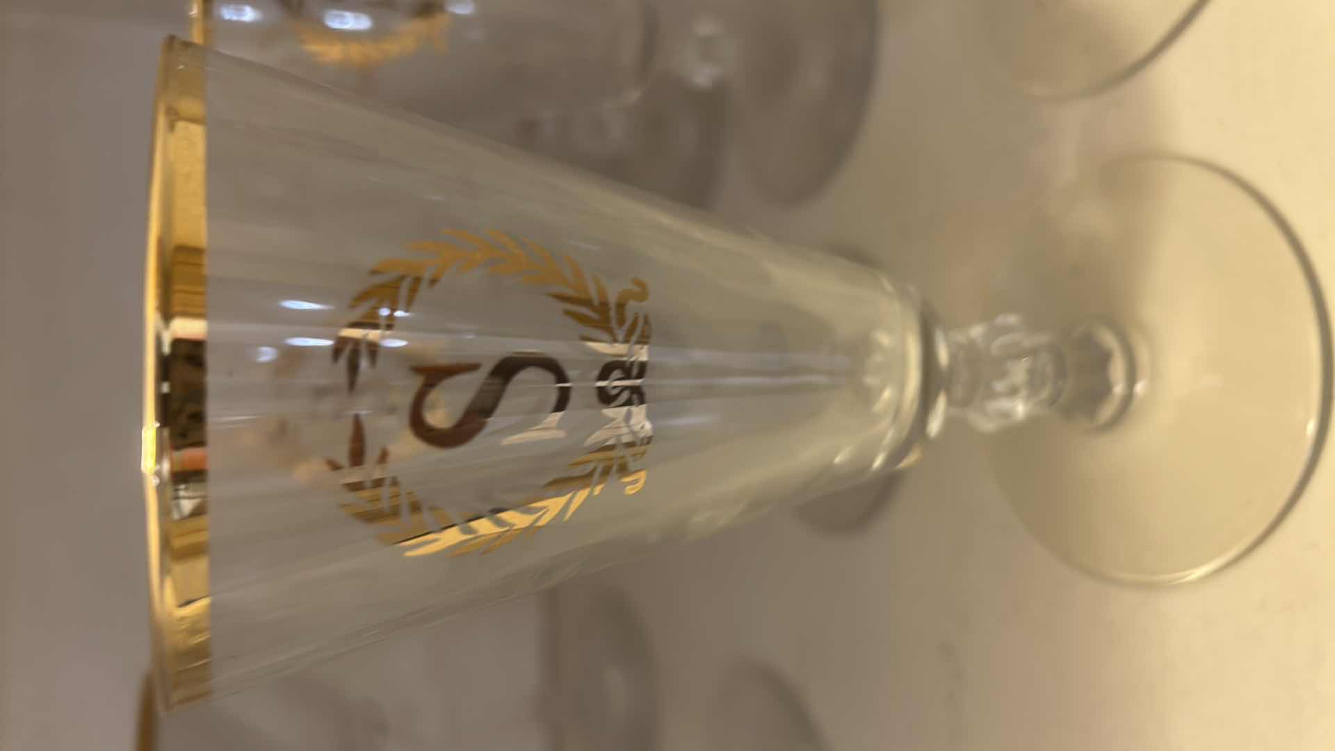 Photo 1 of 8-VINTAGE CLEAR CRYSTAL STEMWARE GOLD RIM W GOLD "S" MONOGRAM H 6"