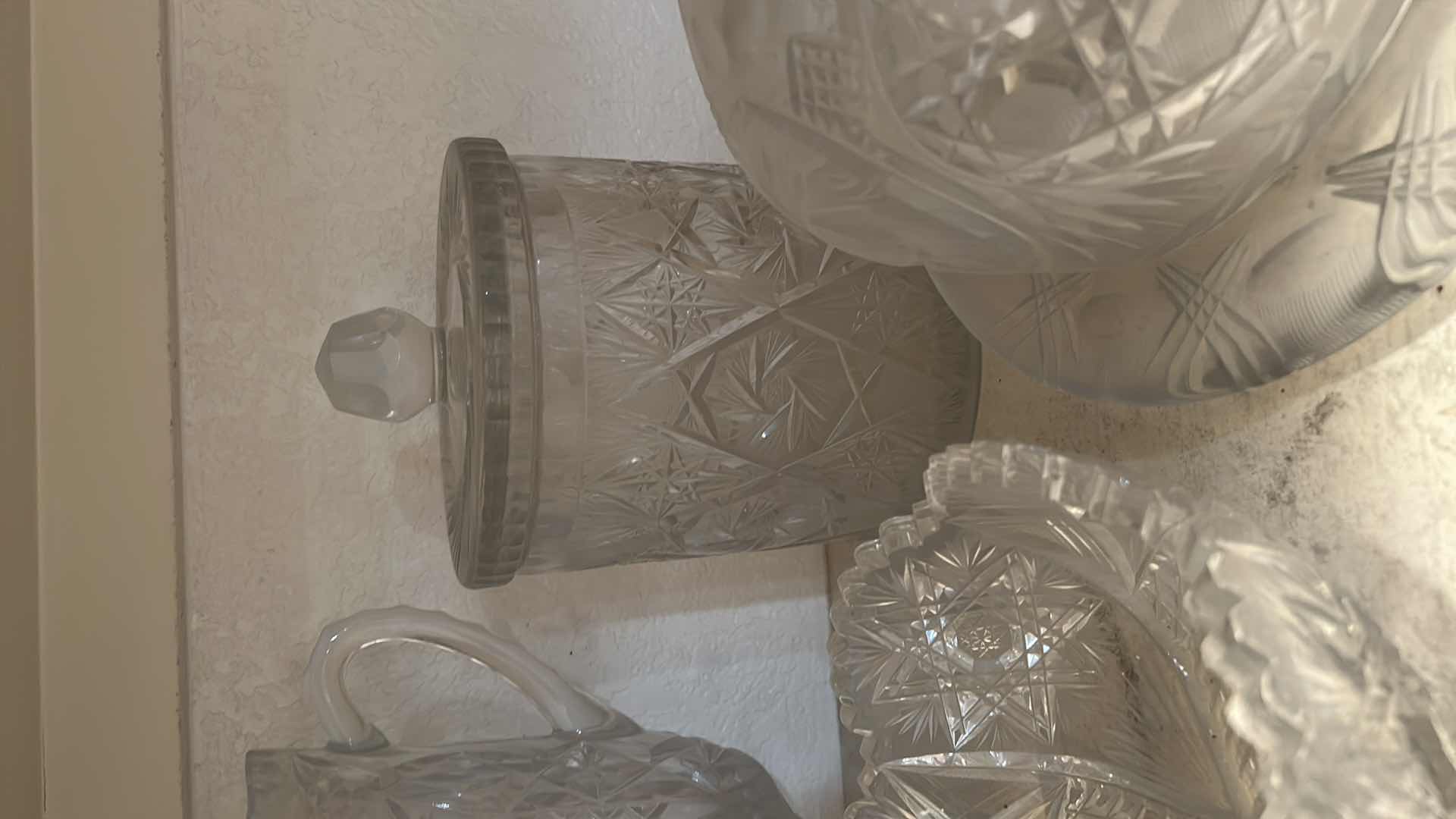 Photo 1 of 4-VINTAGE PRESSED GLASS DECORATIVE CAKE PLATE PITCHER LIDDED JAR CANDY DISH