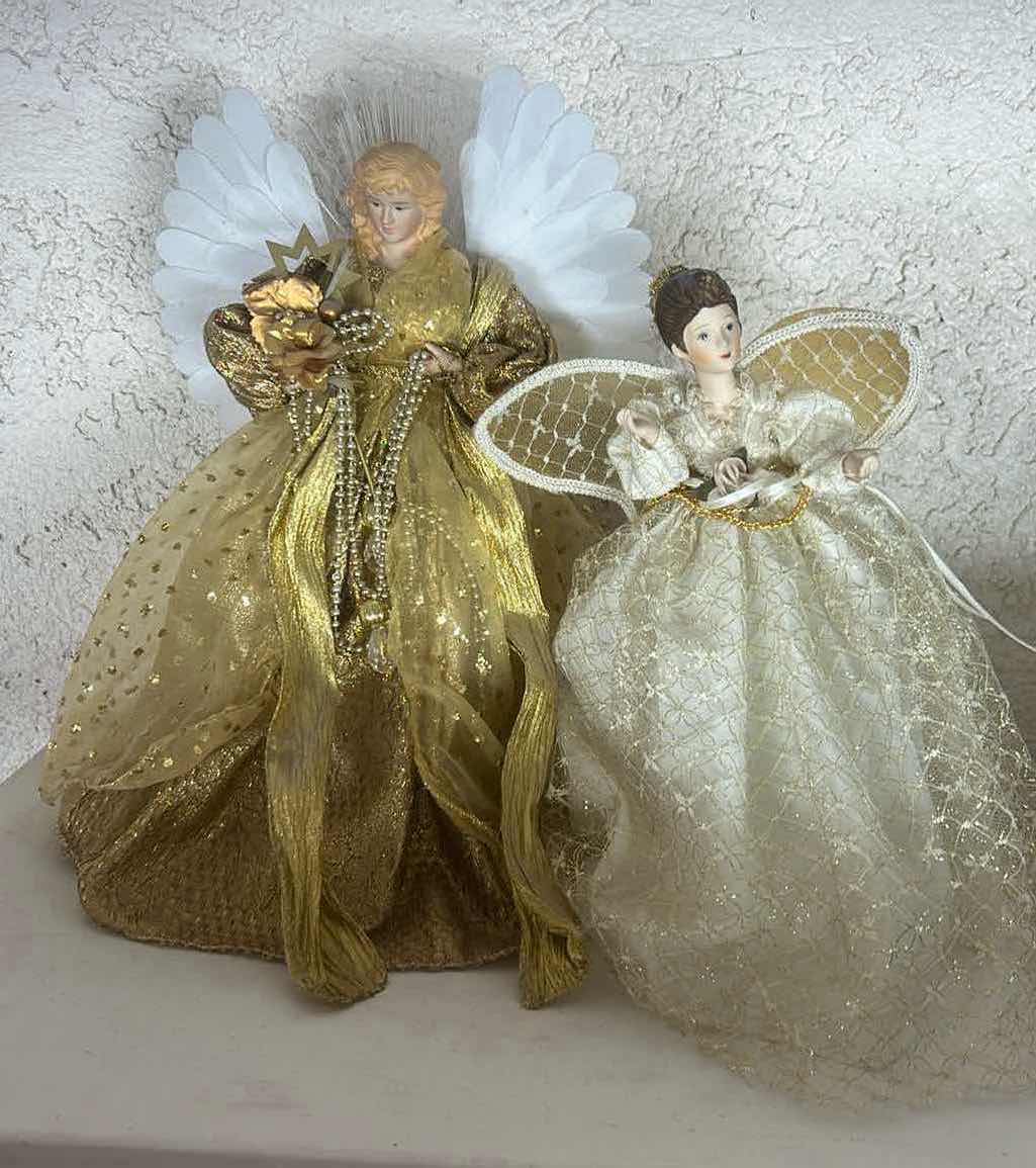 Photo 1 of 2 DECORATIVE ANGEL CHRISTMAS TREE TOPPERS W PORCELAIN FACES & DETAILED FABRIC GOWNS H15”