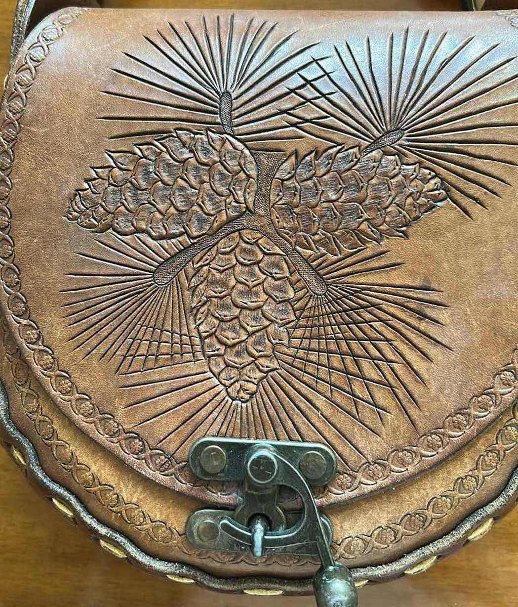 Photo 1 of VINTAGE HAND TOOLED SADDLE BAG W PINECONE MOTIF