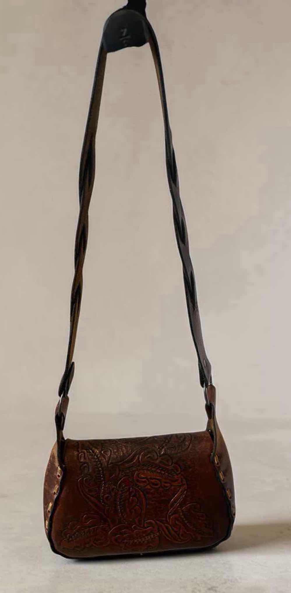 Photo 1 of SMALL VINTAGE STYLE BROWN HAND TOOLED LEATHER SHOULDER BAG W EMBOSSED FLORAL