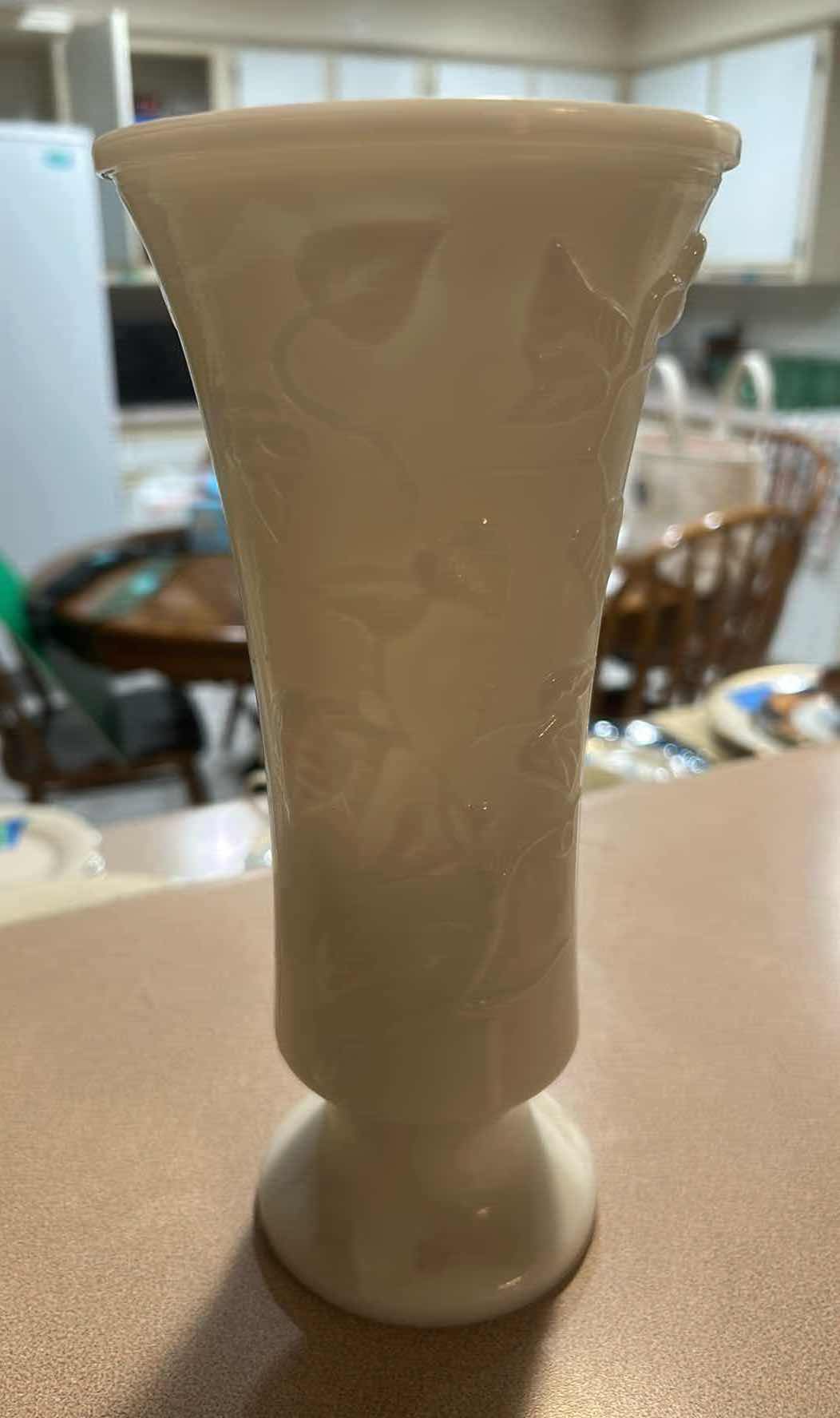 Photo 1 of VINTAGE WHITE MILK GLASS DECOR ORNATE PATTERNED JAR MATCHING VASE